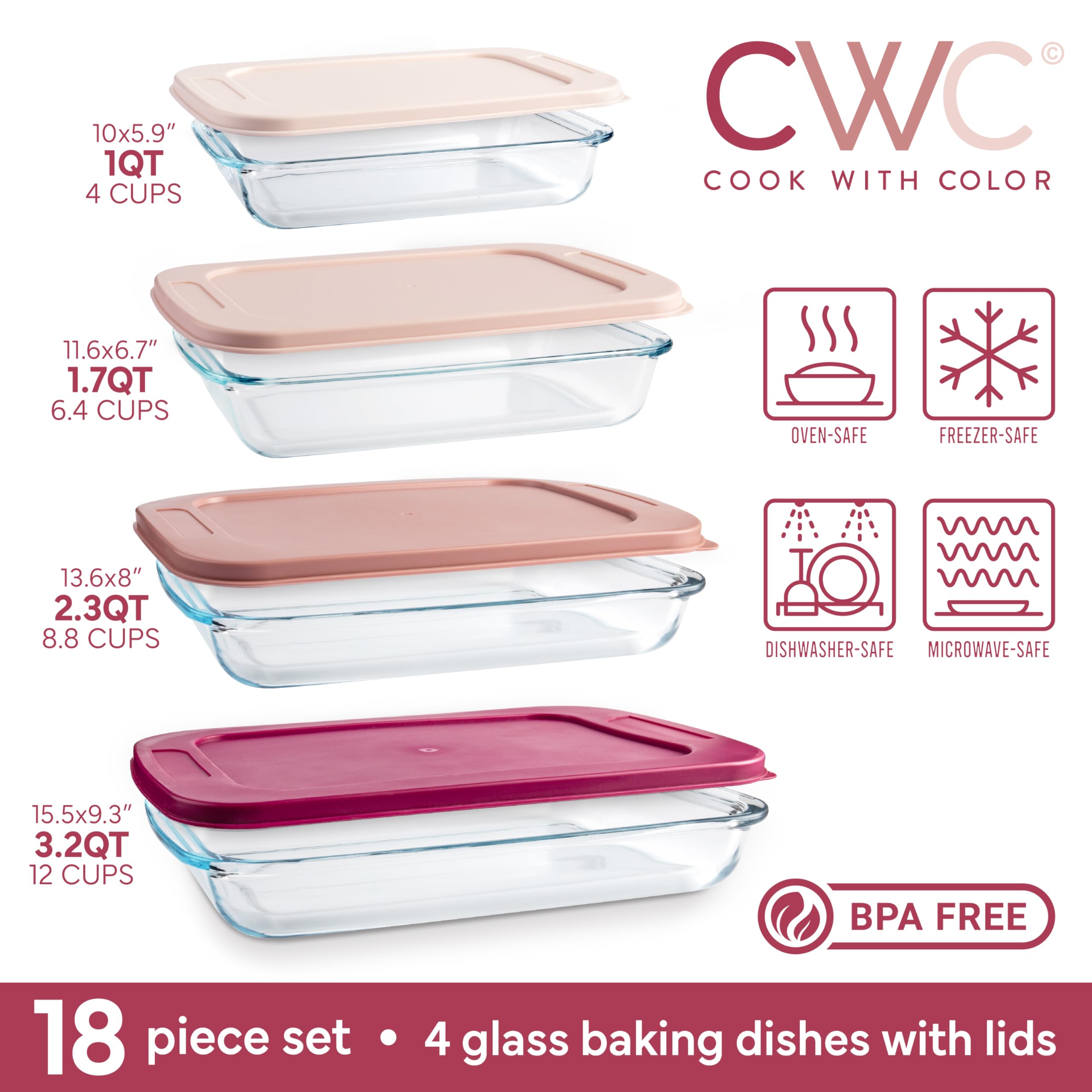COOK WITH COLOR Glas-Backformen-Set mit Deckel, tiefe Auflaufform, Lebensmittelbehälter, ofen-, gefrier- und mikrowellengeeignet, transparenter Behälter, 8-teilig
