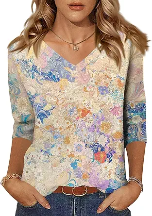 HTHLVMD Womens 3/4 Length Sleeve Tunic Tops Summer Fall Outfits 2025 Three Quarter Sleeve Casual V Neck T Shirts for Women