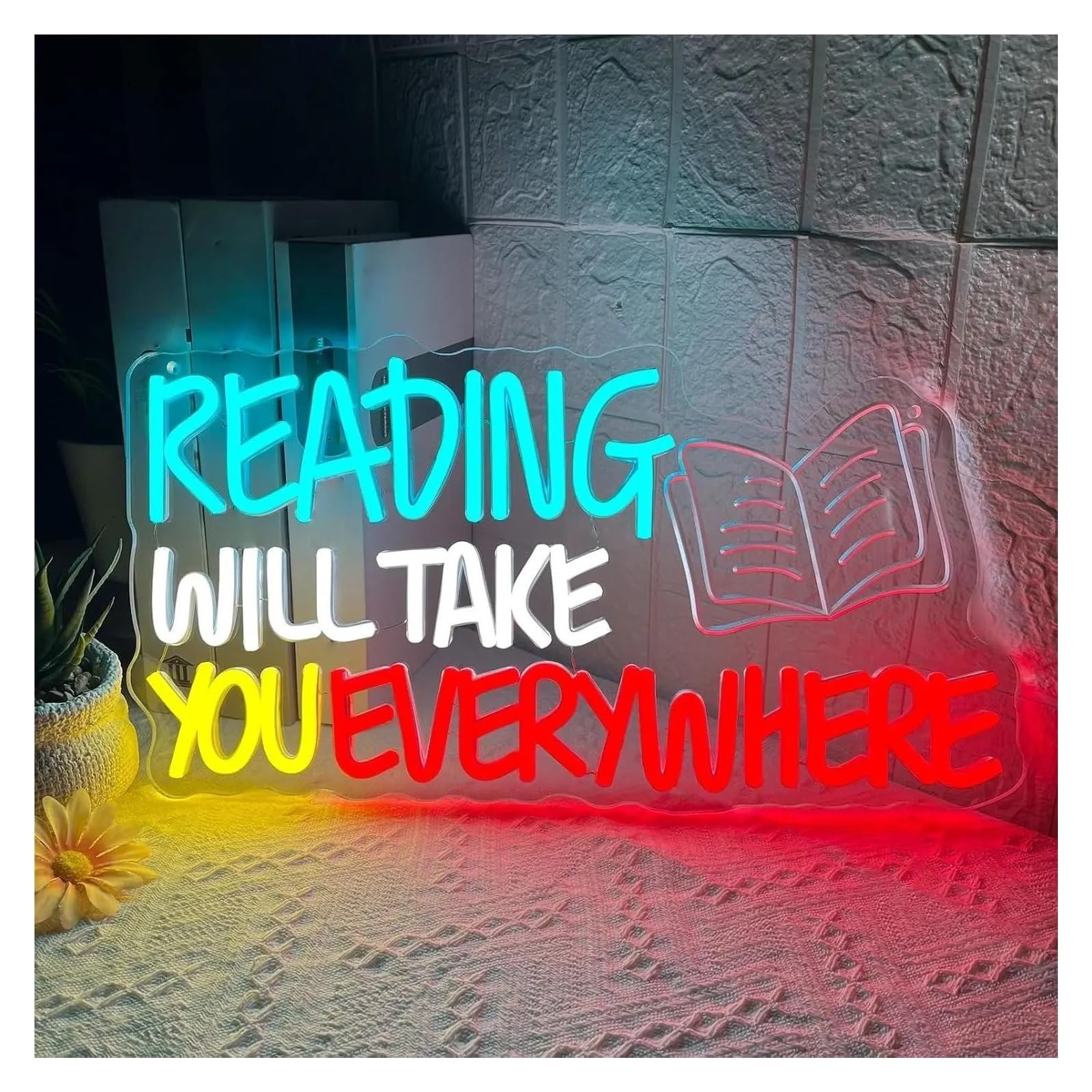 RONGCH Hanging Art Neon Signs Reading Will Take You Everywhere Neon Sign Light Dimmable for Student Classroom Bookstore Library Museum Study Room Decor 43cmx23cm