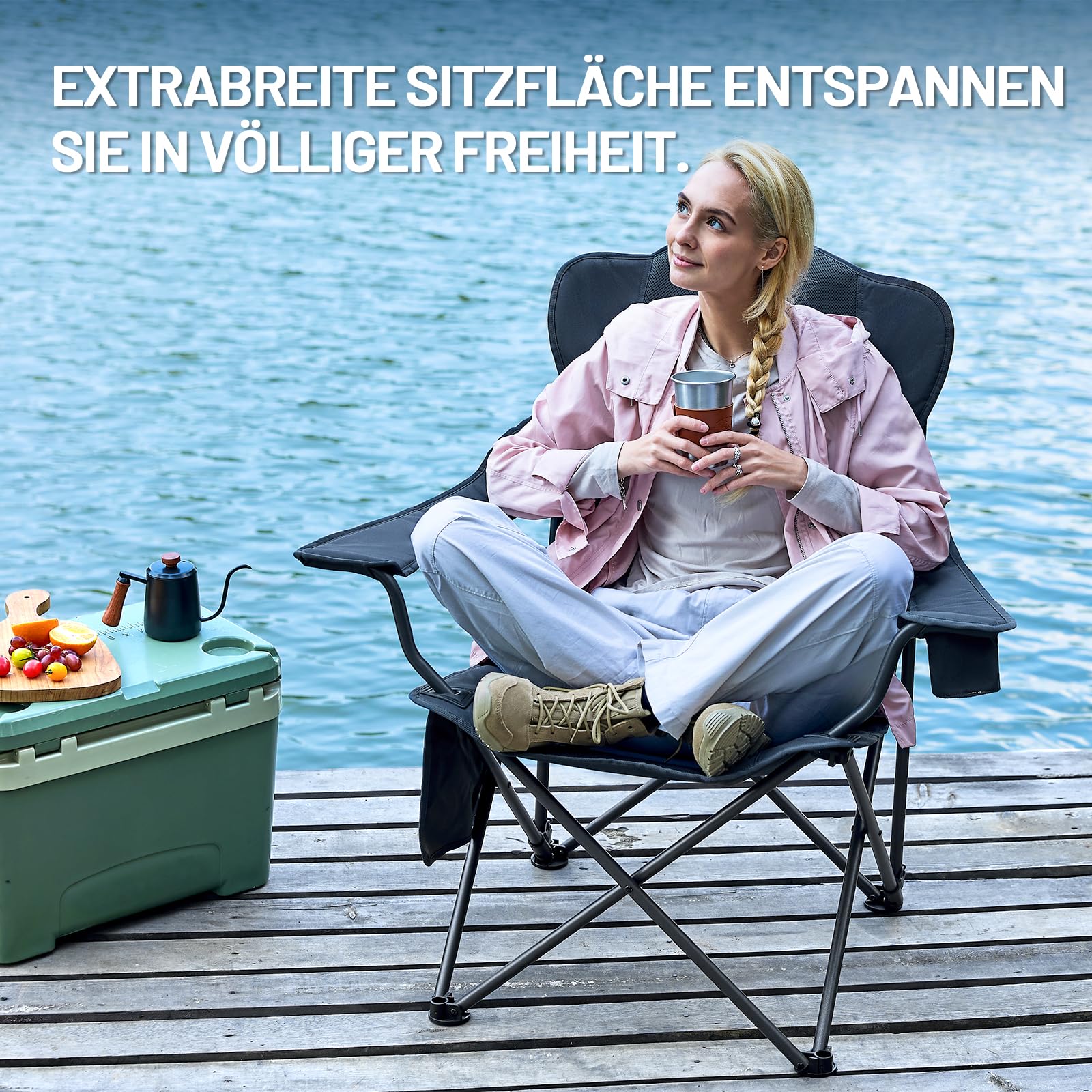 TIMBER RIDGE Campingstuhl Faltbar 180KG Rückenverstellbar in 3 Positionen Klappstuhl Gepolsterter Angelstuhl Übergroß Sitzbreite 62cm mit Seitentasche Getränkehalter
