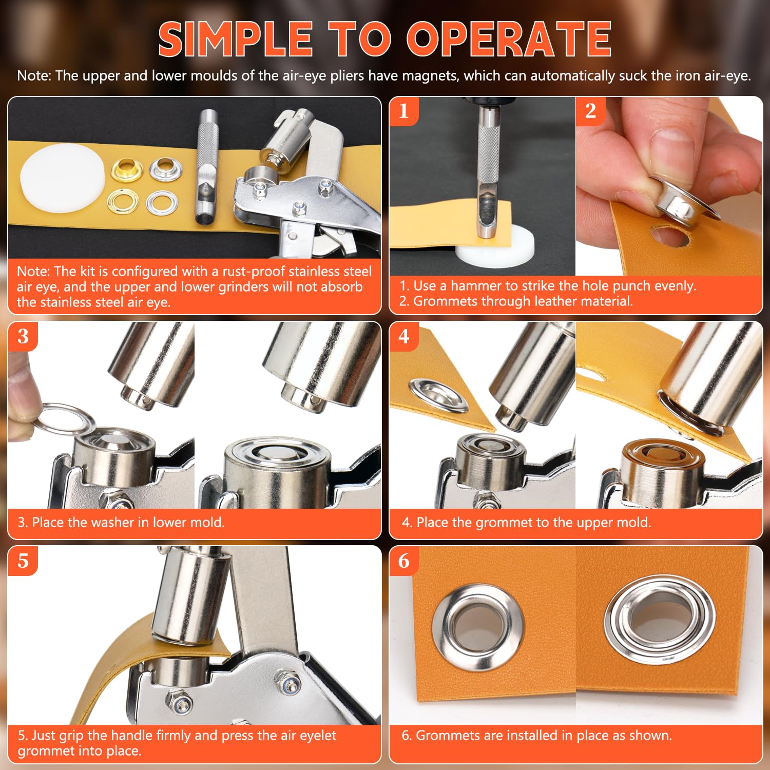 Kit di attrezzi per passacavo, kit di pinze per occhielli da 3/8, set di pinze per occhielli, kit di 1005 pinze per occhielli con borsa, occhiello in acciaio inossidabile con pinze per occhielli per