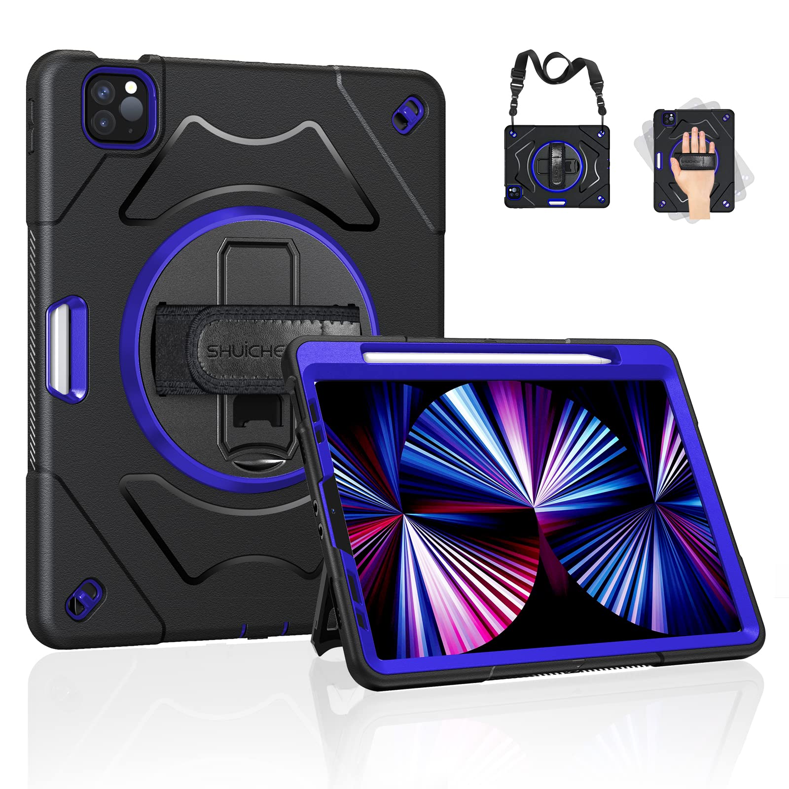 Case for iPad Pro 11 3rd Generation: Upgraded Military Grade Shockproof Protector Silicone Cover for iPad Pro 11 inch 2020/2021 - Handle/Shoulder Strap/Rotating Kickstand