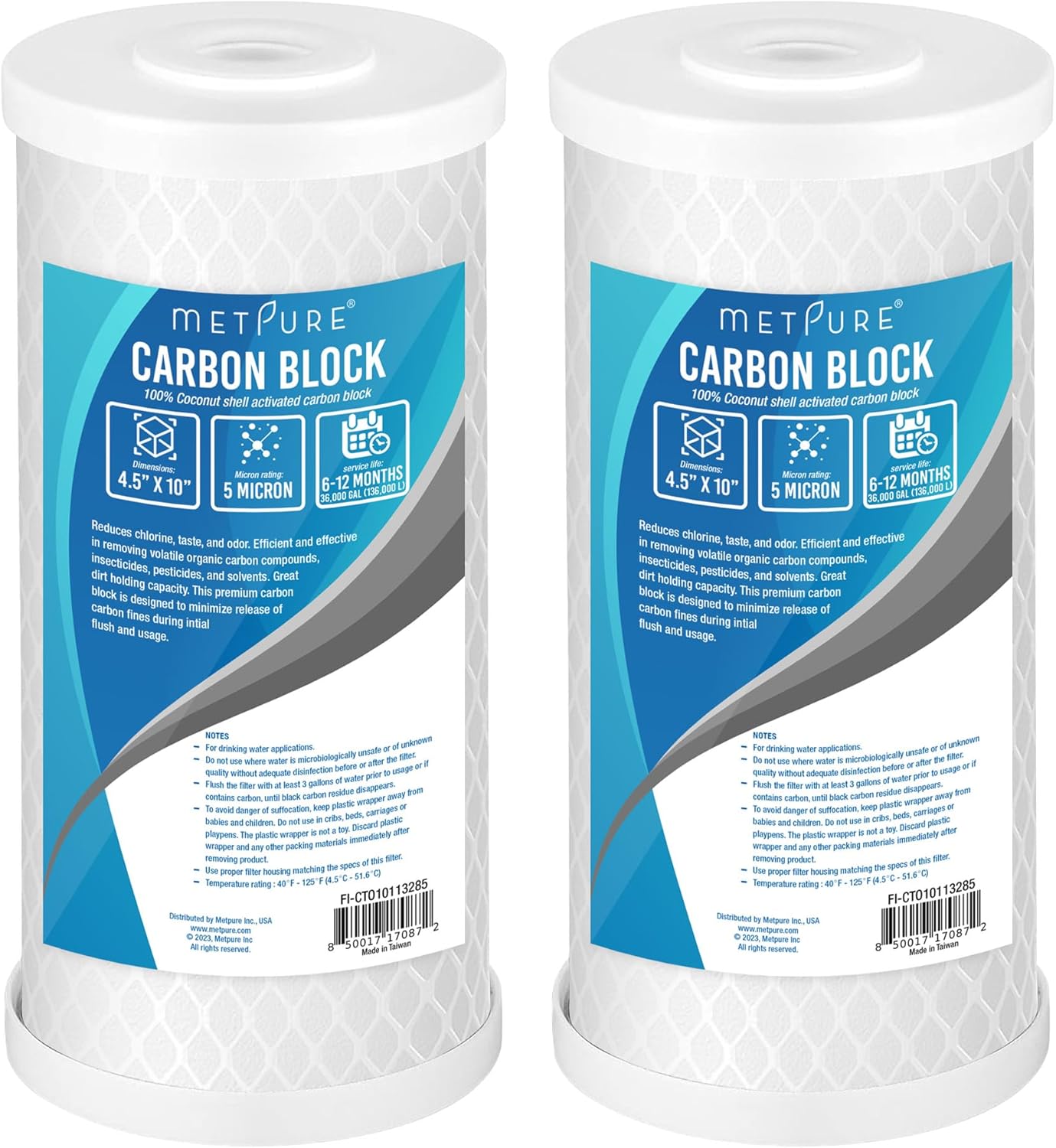 Metpure Universal 5 Micron 10” x 4.5” Whole House Carbon Water Filter Cartridge Replacement - Coconut Shell Carbon Block CTO. Compatible with/Replacement Pentek, Dupont, GE, etc. 2-Pack