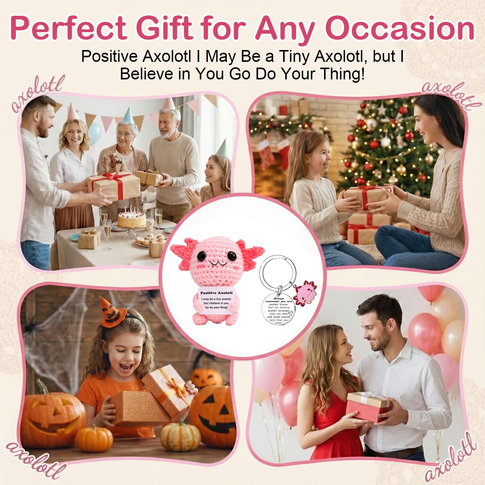Rudfovn 2 Pcs Positive Axolotl with Keychain, Pink Cute Funny Handmade Crochet Doll Emotional Support Gifts - Image 2