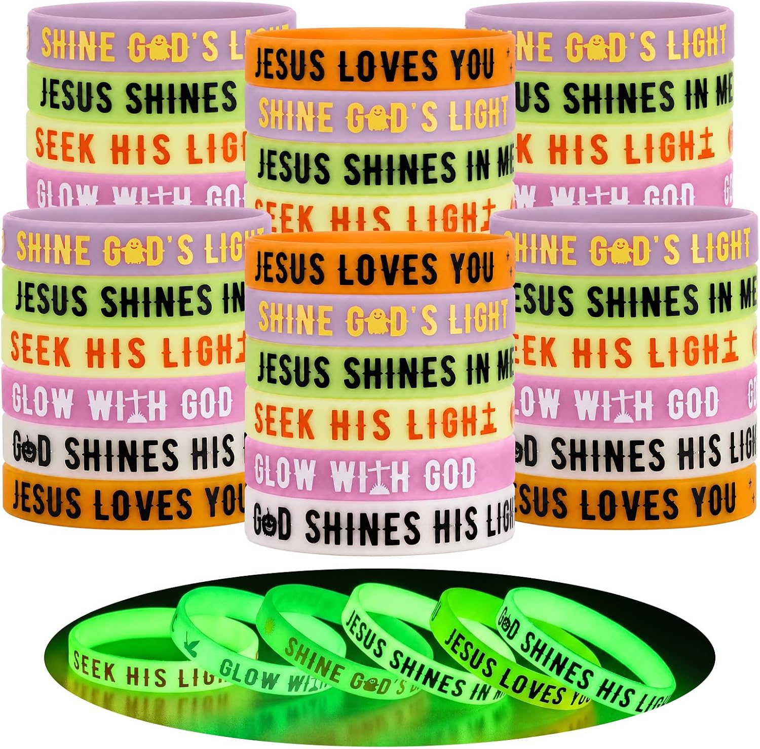 Civaner 200 Pcs Christian Halloween Party Favors 6 Styles Religious Glow Silicone Wristband Jesus Wristbands Motivational Christian Silicone Bracelets for Men Women Party Church Supplies