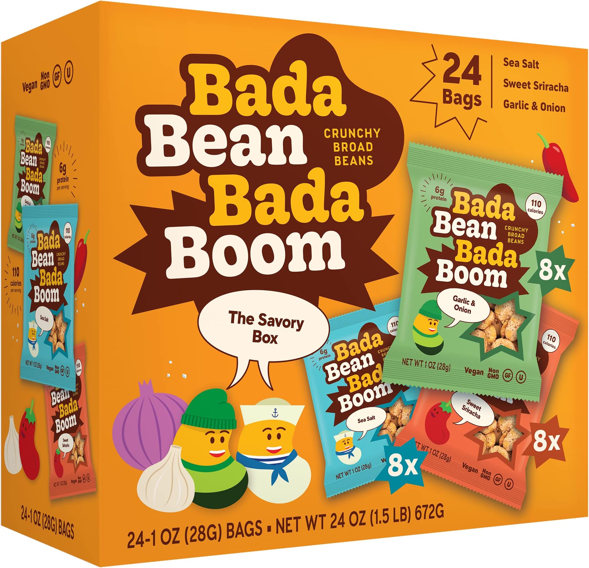 Bada Bean Bada Boom Roasted Fava Beans, Dried Broad Beans - 110 Calories, 4g Fiber, 6g Plant-Based Protein, Gluten-Free, Vegan, Plant Based Snacks - 1 Ounce (Pack of 24)