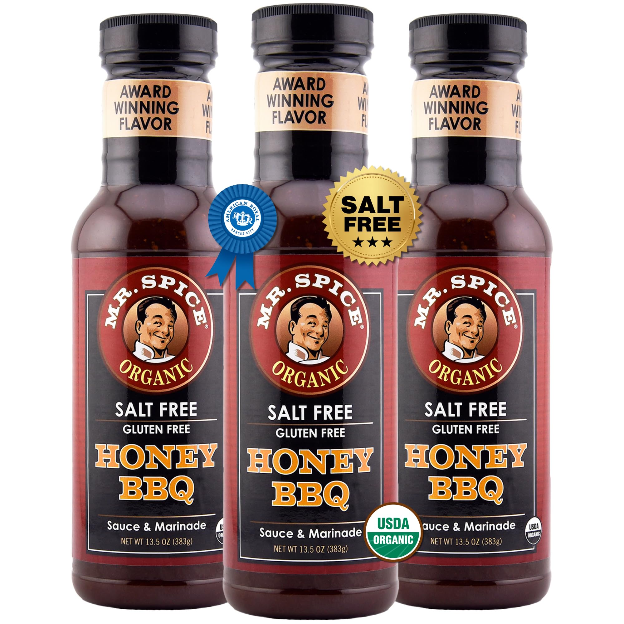 Mr. Spice Organic Honey BBQ Sauce, Salt Free BBQ Sauce (5mg/serving), Gluten Free, Low Sodium Barbecue Sauces for Marinade, Grill & Air Fryer, No Salt Award-Winning Flavor, 13.5 Ounce (Pack of 3)