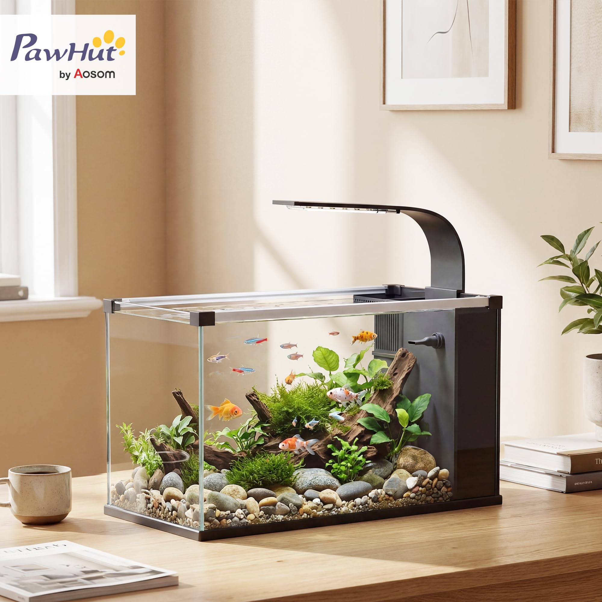 PawHut Acquario in Vetro Temperato 24L, Acquario Completo Piccolo Trasparente con Filtro Integrato, Luce LED e Pompa dell'Acqua per Pesci Tropicali, Pesci Rossi, Casa, Ufficio, 45x25x25.5 cm, Nero