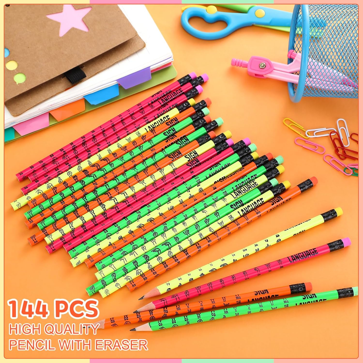 Affrolling 144 Pcs Sign Language Pencils Sign Language Gifts Colorful Wooden Pencil with Eraser Incentive Pencil for Learning Sign Language, 4 Colors