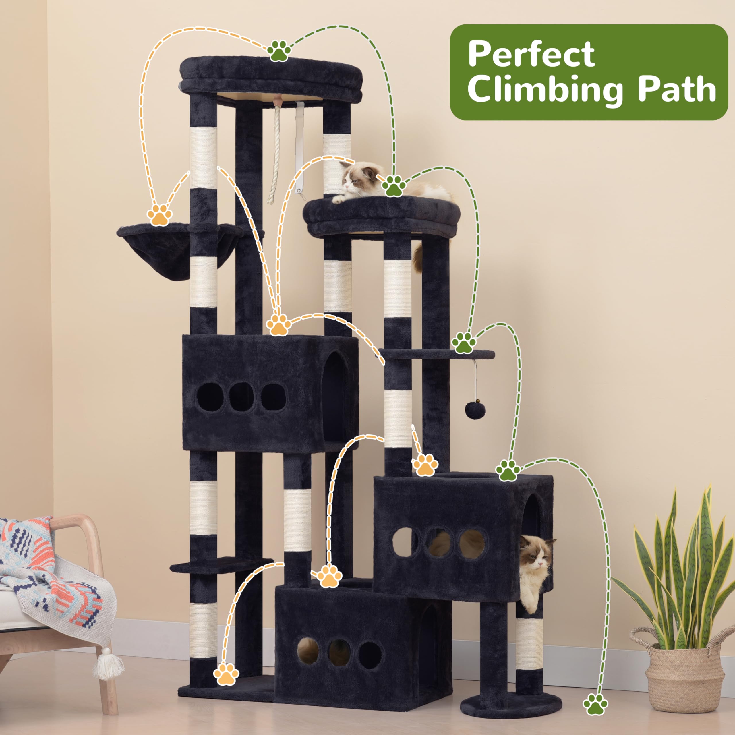 Gitelsnour Rascador para Gatos de 182 cm, Árbol rascador para Varios Gatos antivuelco y Estable con 3 Cuevas Grandes, con 3 Plataformas, Cesta Colgante y 10 Postes rascadores, Gris Ahumado GCT036G