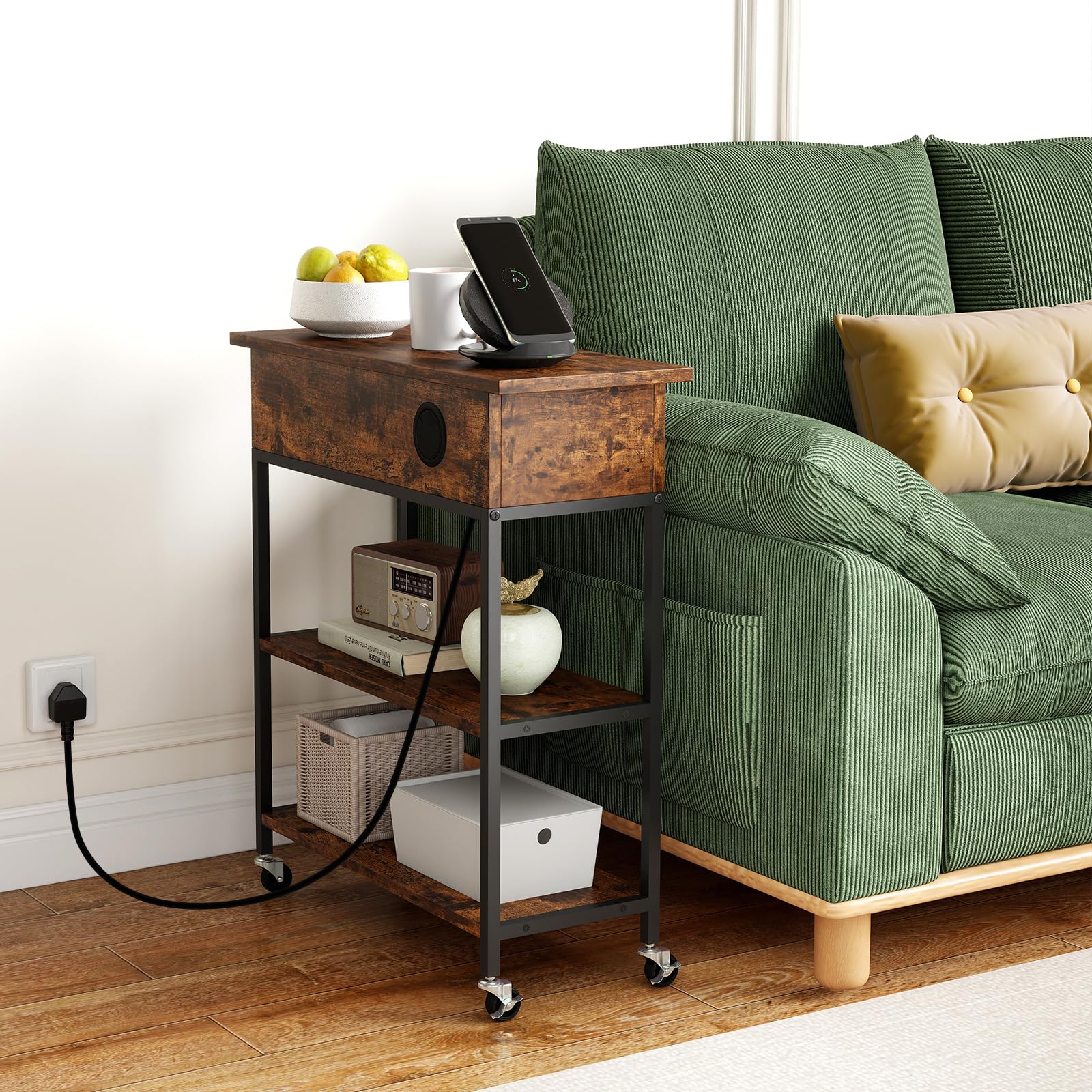 COSTWAY Mesa Auxiliar con Tapa Elevable y Estación de Carga, Mesa de Escritorio con Ruedas, Compartimento Oculto y Estantes, Mesita de Noche para Sofá, Salón y Dormitorio, 60x24x67,5 cm, Industrial