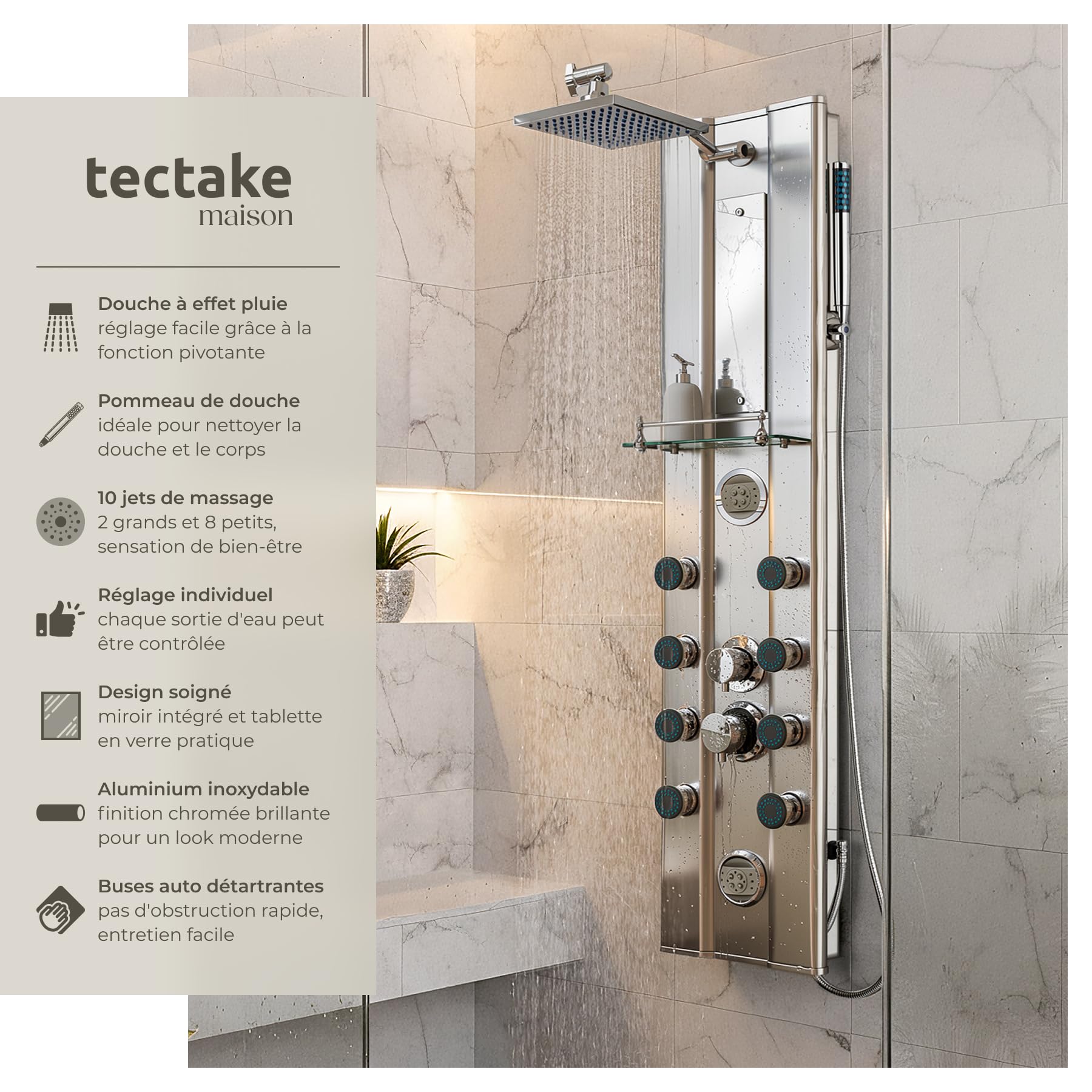 tectake® Colonne de douche 118 x 27 x 9,8 cm en Aluminium, Colonne de douche hydromassante 10 jets massage, Pommeau de douche effet pluie, Douchette, Anti calcaire, Mitigeur, Miroir, Salle de bain