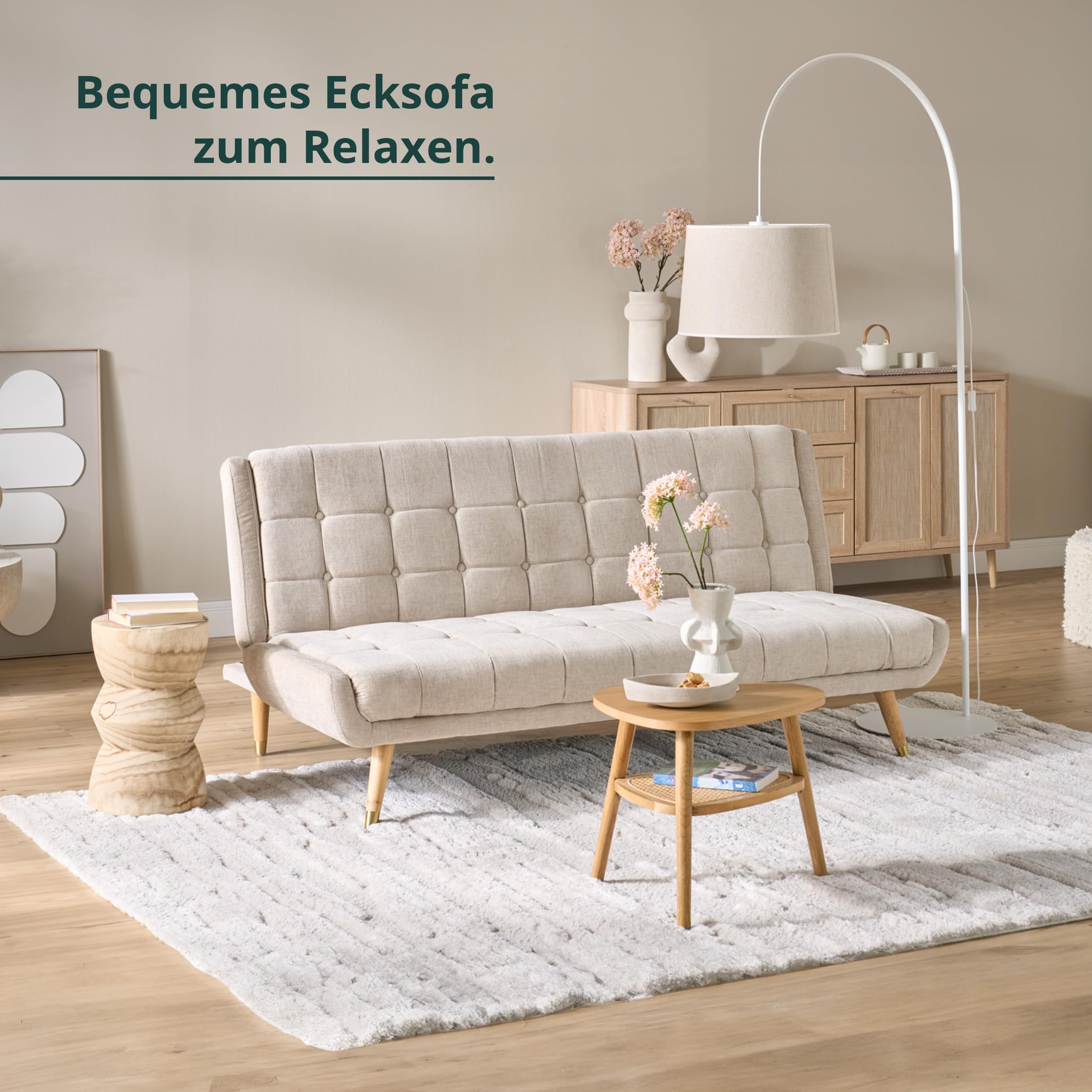 KHG Schlafsofa Beige Flachgewebe, Couch klappbar, große Liegefläche Wellenunterfederung, Massivholz 200 kg belastbar, 182x85x100 cm