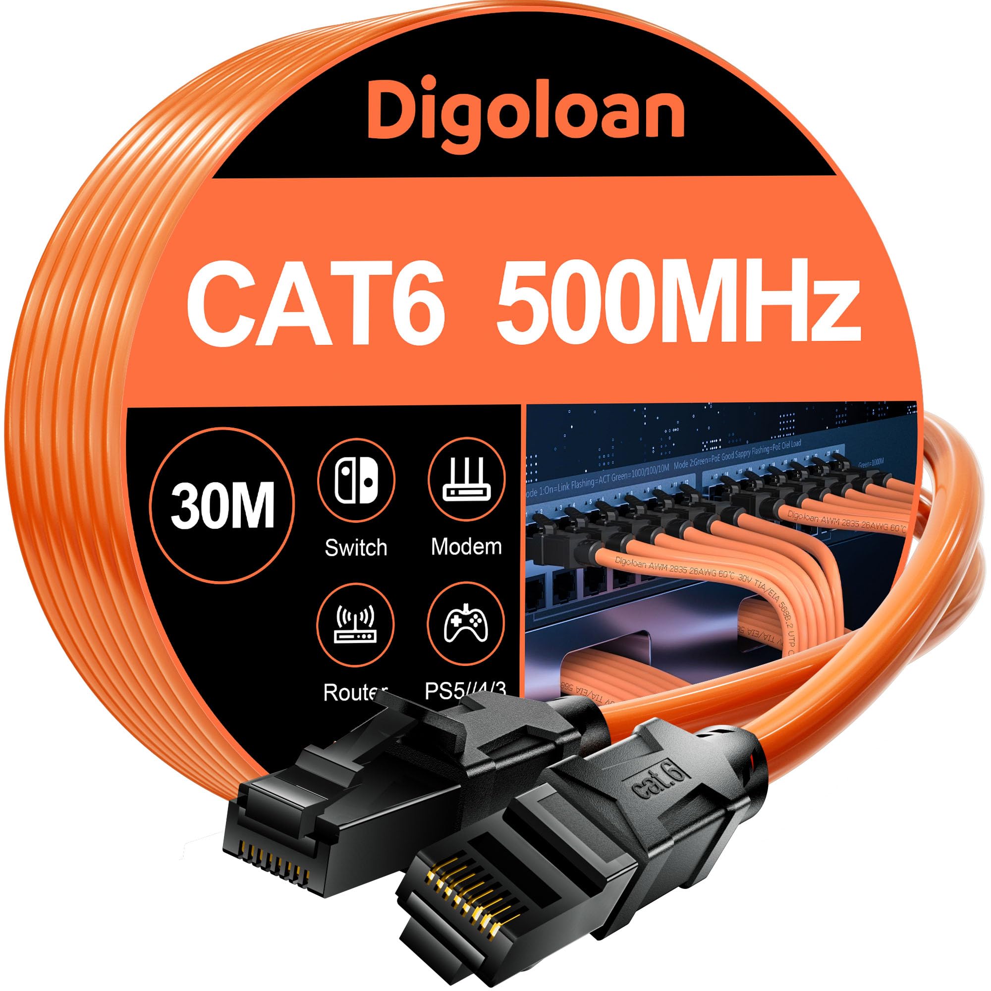 Digoloan Ethernet Cable 30m, Cat 6/Cat6a High Speed Long Internet Lan Cable, PoE Gigabit 500MHz 10Gbps Patch Cord with RJ45 Connector for Xbox PS5/4 Modem Router-Compatible with Cat5e/Cat 7/Cat 8