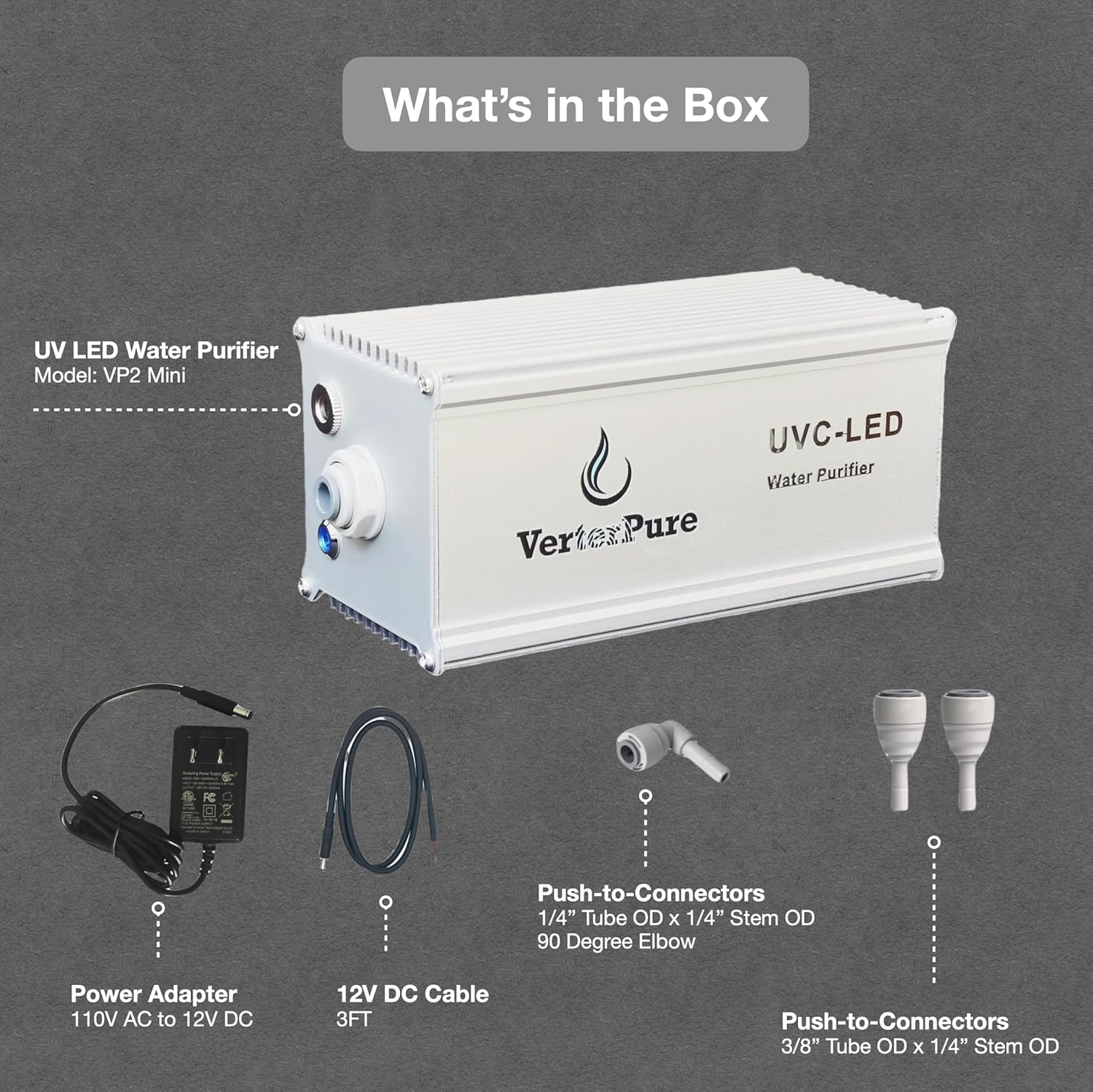 VP2 Mini UV-C LED Ultraviolet Water Filter Purifier, Reduce up to 99.99% of Contaminants at Flow Rate 0.52GPM, Smart On/Off Switch, 12V DC for RV Boats Off-Grid Livings, Mercury Free