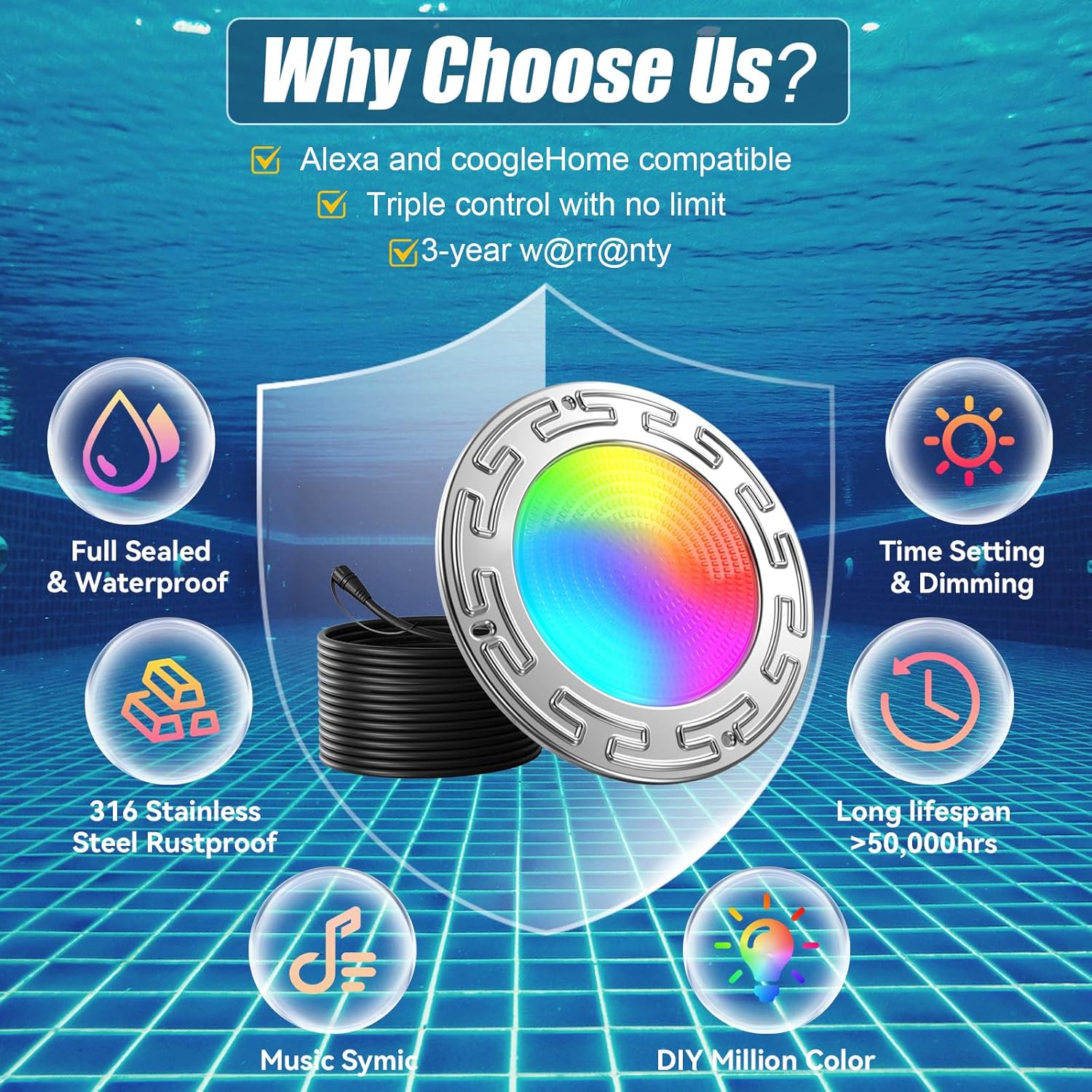 60Ft 10Inch 60W Smart WiFi Led Pool Lights for Inground Pool with 3 Control Way(APP/Remote/Controller), Multi-Color Changing Underwater Swimming Pool Light for Large 10" Wet Niches