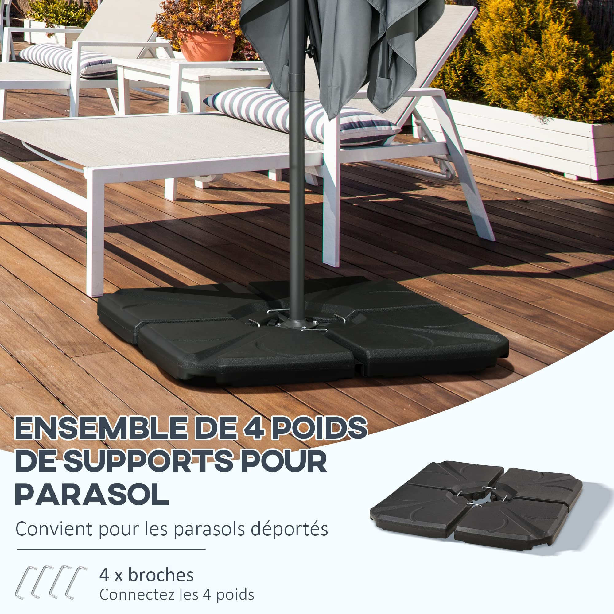 Outsunny Lot de 4 lestages pour parasols Dalles de Parasol déporté carré polyéthylène - À remplir d'eau ou de Sable jusqu'à 56/72 kg - 103 x 103 x 8,3 cm Noir