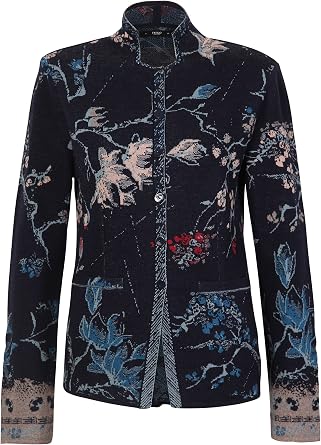IVKO Japanese Cherry Blossom Pattern Jacquard Jacket in Marine Navy Blue Merino Wool Military Style Sweater Jumper Cardigan