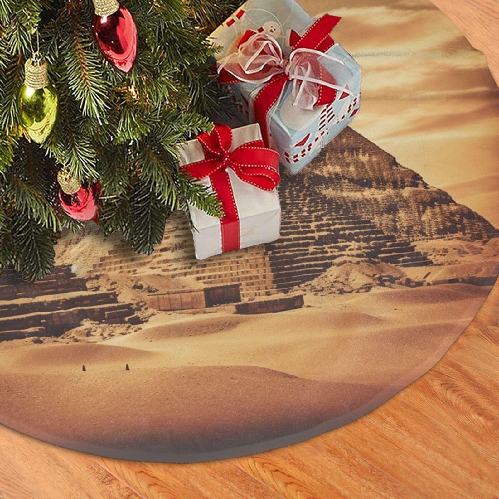 Fodpand Black Vintage Great Egyptian Pyramid Christmas Tree Skirt 48" Velvet Xmas Tree Skirt Mat Rustic Christmas Tree Mat Cover Winter Xmas Tree Collar For Indoor Outdoor Christmas Decorations