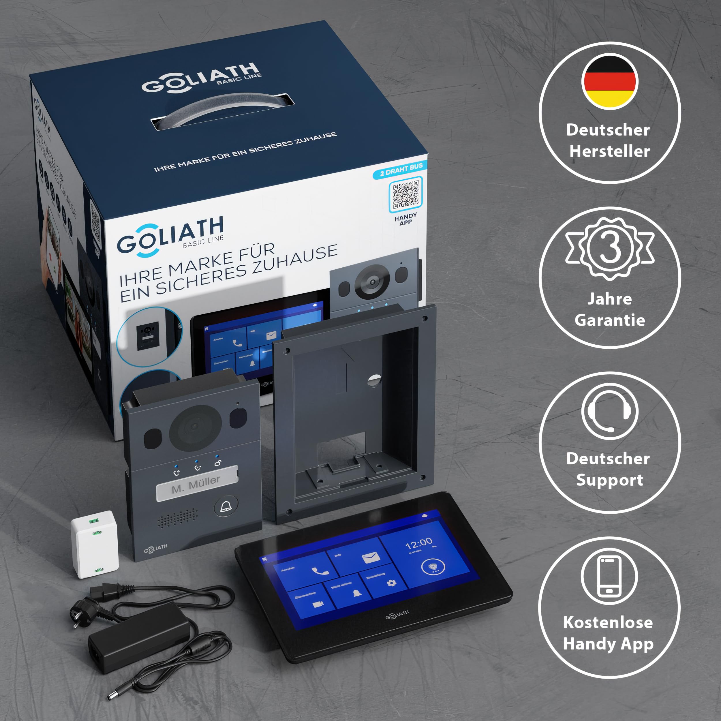 Goliath Basic Video Türsprechanlage, 2 Draht Bus, 7" Monitor, Unterputz Türklingel mit Kamera, Gegensprechanlage mit Türöffner und Klingel, 1 Familienhaus, Plug & Play, Smartphone App