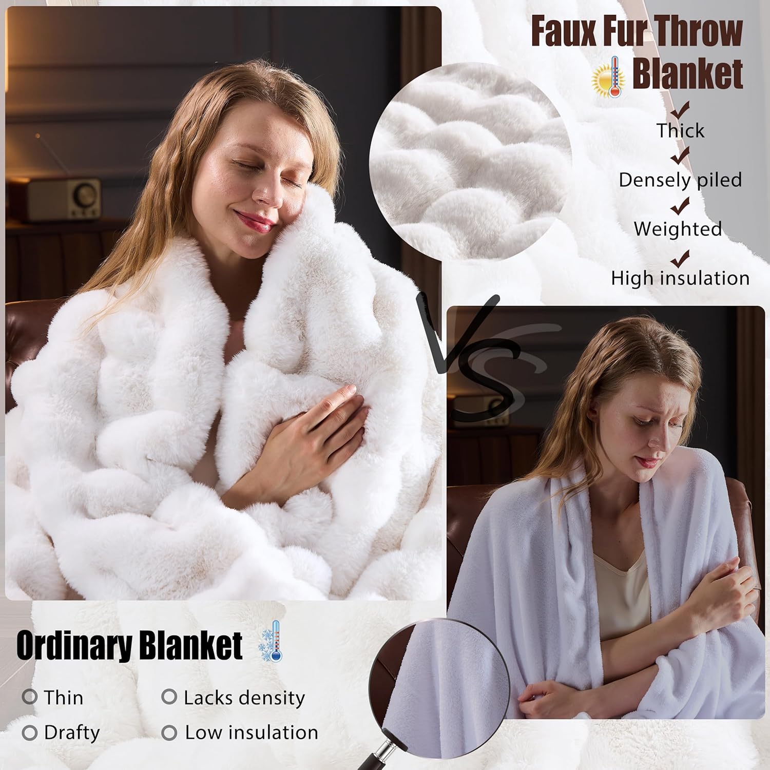 Faux Fur Throw Blanket for Couch, Fluffy Fuzzy Plush Bubble Blanket, Soft Warm Cozy Shaggy Rabbit Blanket, Luxury Decorative Gifts for Sofa Bedroom Living Room, 90x90inch (Beige) Beige 90x90inch