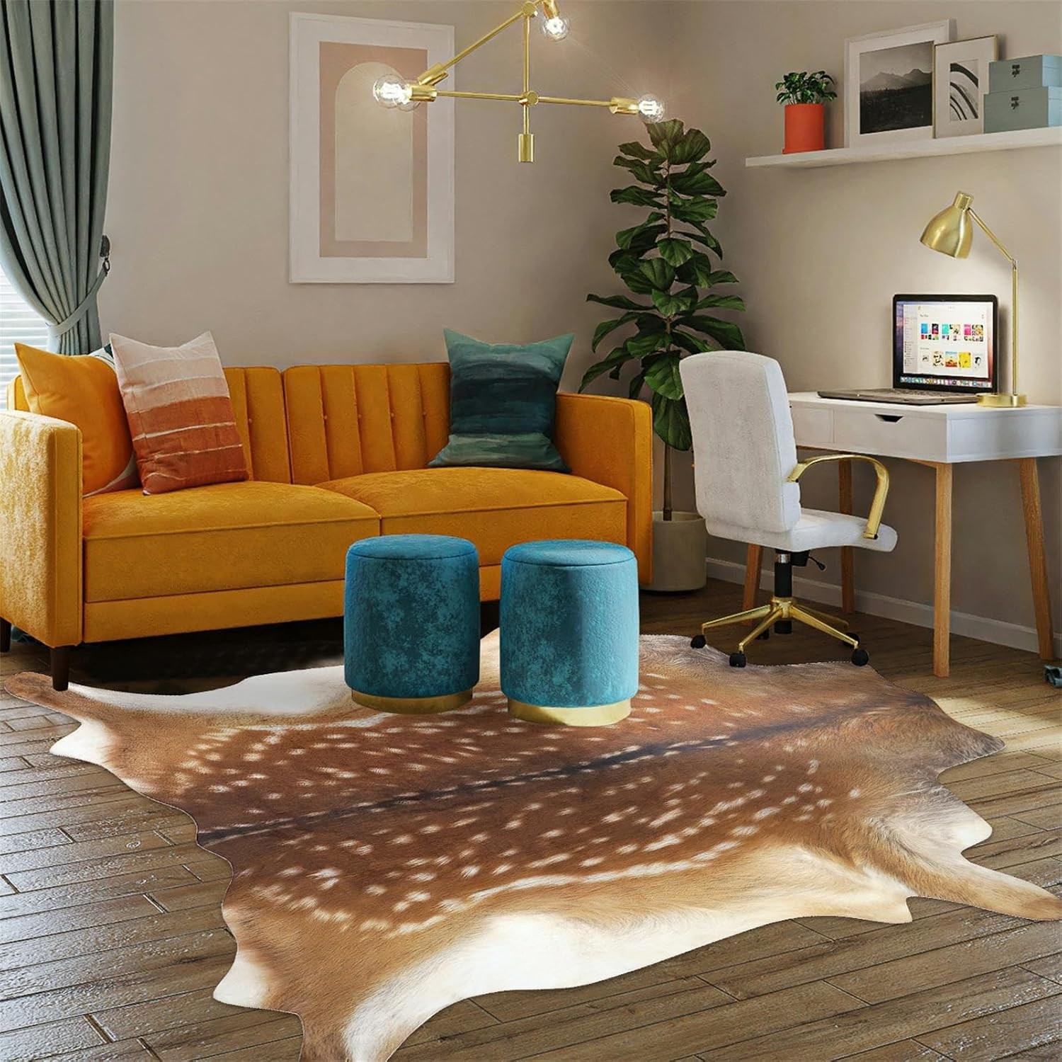 Deer Rug Deer Hide Rug Cow Print Rug Faux Cow Hide Rugs 4.6x5.2 FT Faux Reindeer Rugs Animal Print Cowhide Carpet Small Antelope Non-Slip Area Western Sikadeer for Living Room Bedroom Western Decor