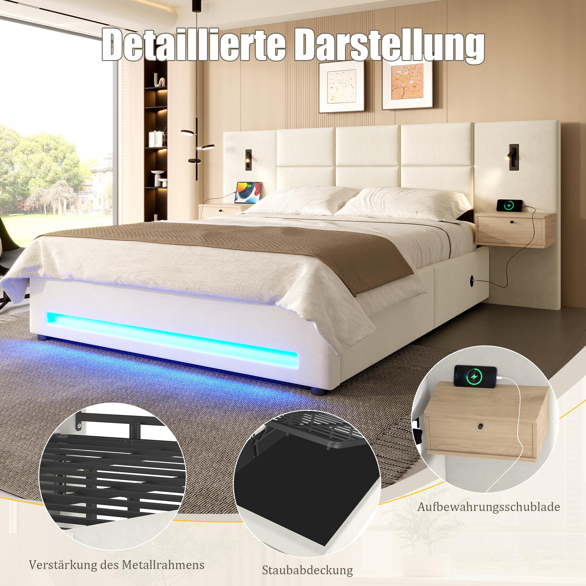 Łóżko tapicerowane 180 x 200 cm, hydrauliczne łóżko do przechowywania z lampką nocną LED, łóżko młodzieżowe ze złączami USB-C, podwójne łóżko z metalową ramą, łóżko do sypialni (bez materaca
