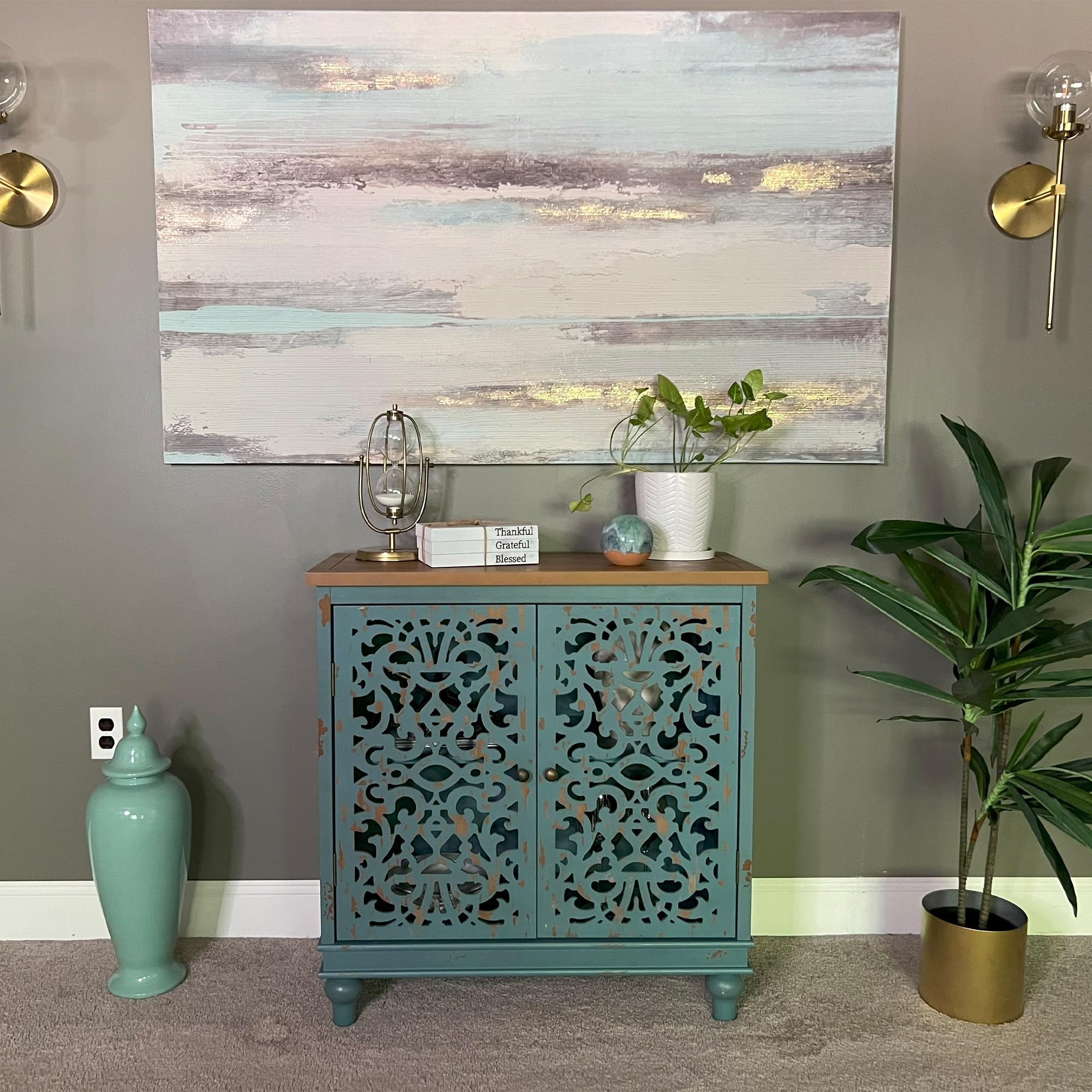 PHI VILLA Blue Accent Cabinets, Small Buffet Sideboad Cabinet, Hollow Carved 2 Door Credenza, Farmhouse Storage Cabinet for Living Room