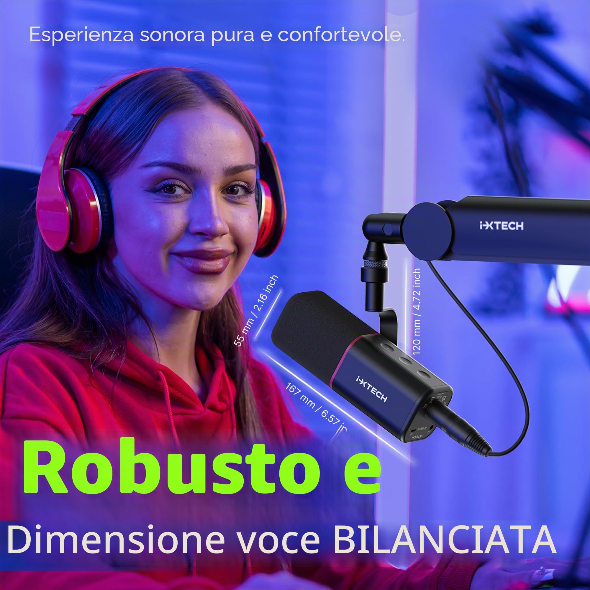 IXTECH Microfono dinamico cardioide con copertura per microfono, microfono vocale USB XLR per podcasting, streaming, registrazione, gioco e voice-over (nero)