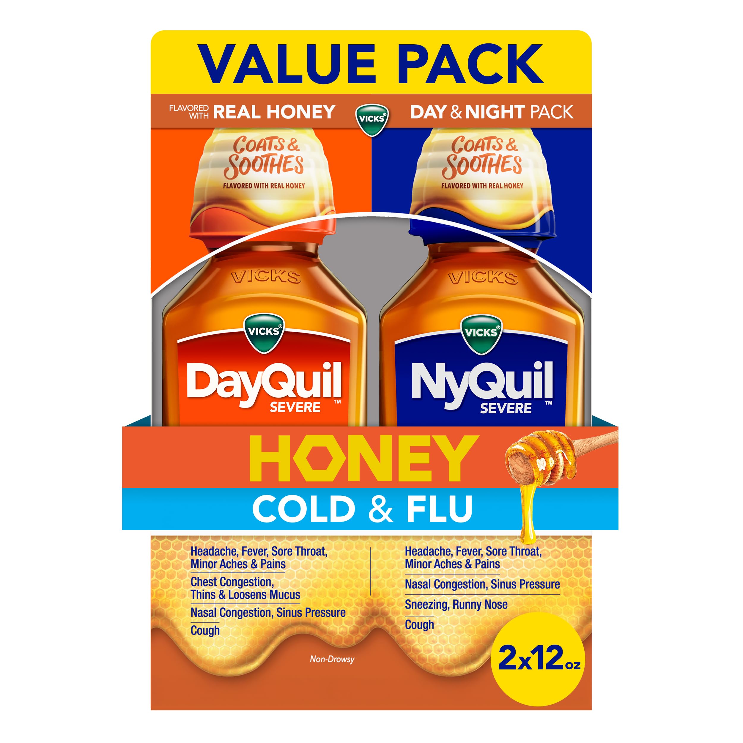 Vicks DayQuil & NyQuil Severe Honey Flavor Co-Pack, Cold & Flu Medicine, Relieves Headache, Fever, Sore Throat, Minor Aches & Pains, Nasal Congestion, Sinus Pressure, Stuffy Nose, and Cough, 2x12oz