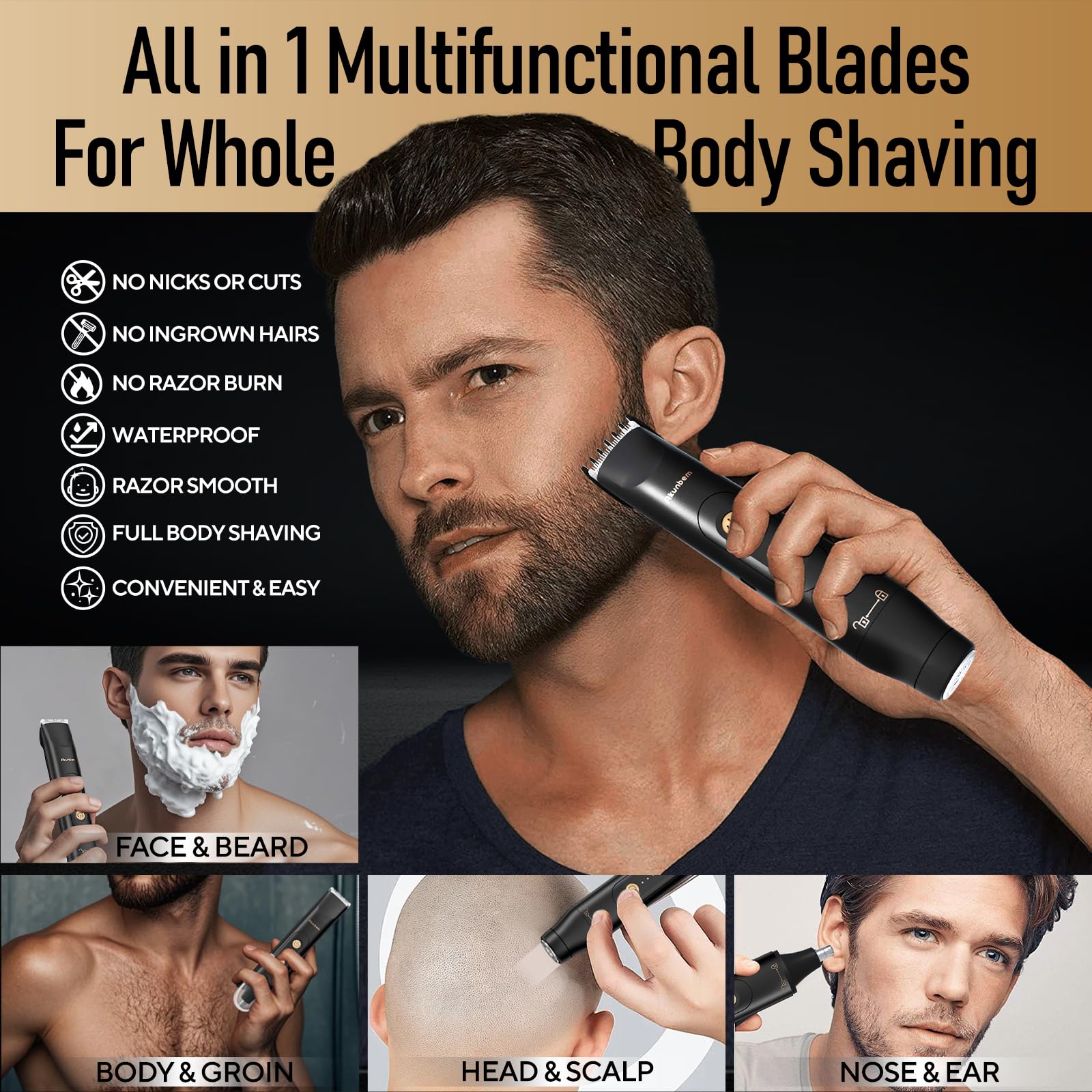 Akunbem All in 1 Trimmer per inguine e corpo per uomo Bikini Trimmer Donne Palla Elettrica Pubico Rasoio IPX7 Impermeabile Uso bagnato e asciutto Rasoio versatile per Tempio Inguine Naso Orecchie