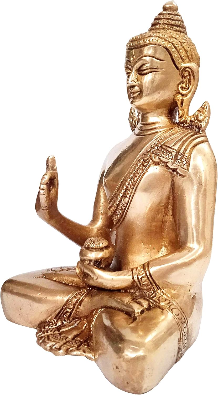 Purpledip Brass Idol Lord Buddha: Vintage Golden Statue in Vitarka Mudra or Preaching Posture (10512A) - Image 4