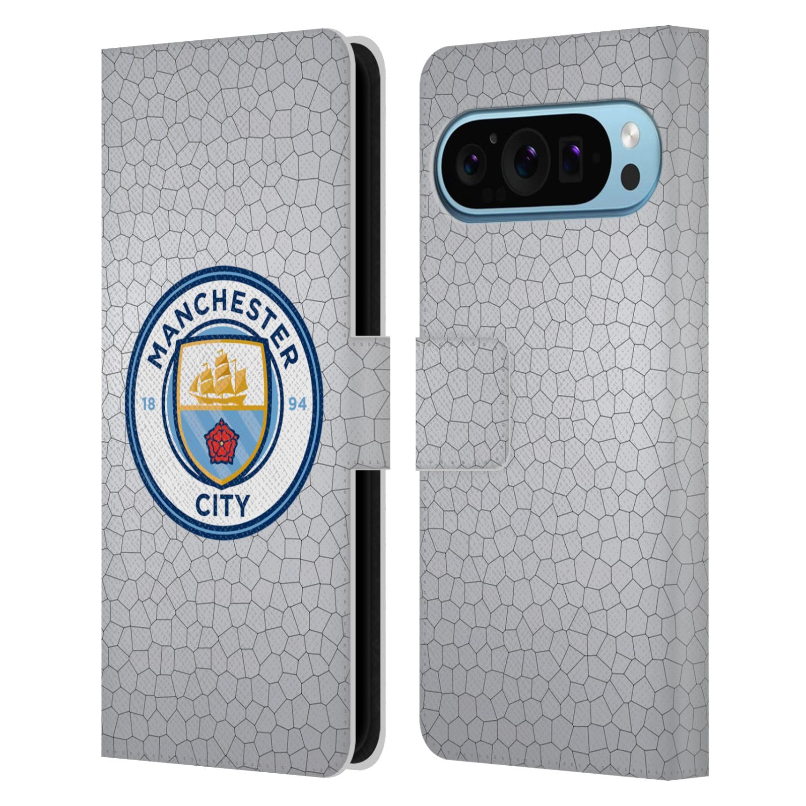 Head Case Designs Officially Licensed Manchester City Man City FC Mosaic Full Colour Badge Pixels Leather Wallet Case Compatible With Google Pixel 9 / Pixel 9 Pro