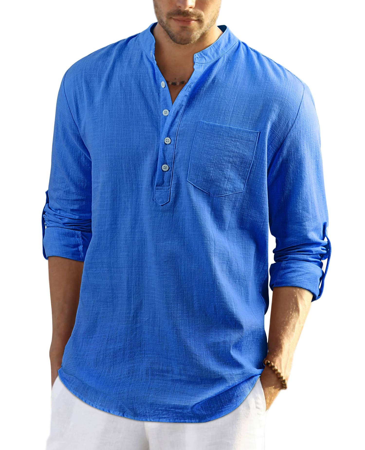 Enlision Camisa de Lino Manga Larga para Hombre Camisas Informales de Verano Camisa Suelta de Ocio de Color Sólido con Botónes Top con Bolsillo