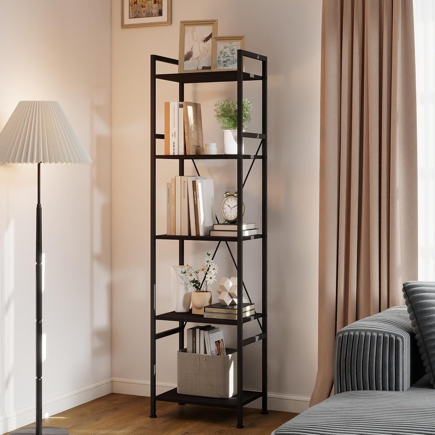 5 Tier Industrial Bookshelf, Wood & Metal Bookcase Storage Organizer with Display Shelves for Books, CDs, Home Office, Bedroom, Living Room, Dark Gray
