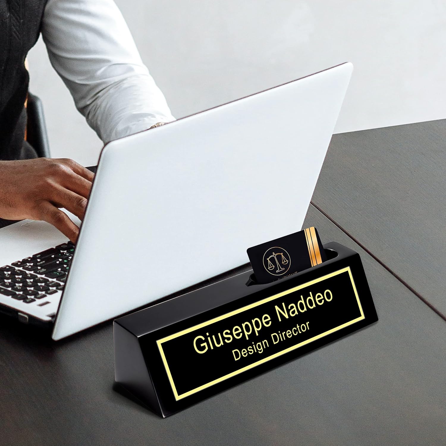 Personalized Engraved Business Desk Name Plate With Card Holder - Customized Executive Black Wood Sign - Custom Gifts for Men