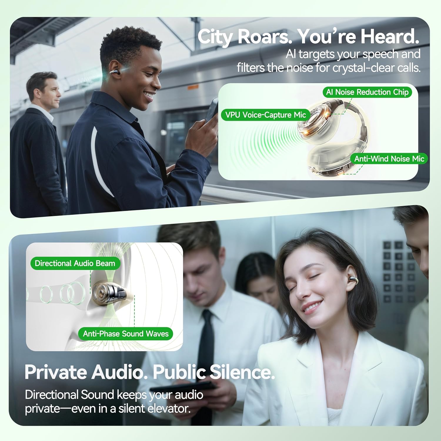 Linklike 2026 Next-Gen Clip On Earbuds for All-Day Music Lovers, Tuned for Modern Rhythmic Vibes & Podcasts, Hi-Res LDAC, Patented 0-Pressure Z-Structure, 5g IPX5 40H+ Battery AI Clear Calls, Green