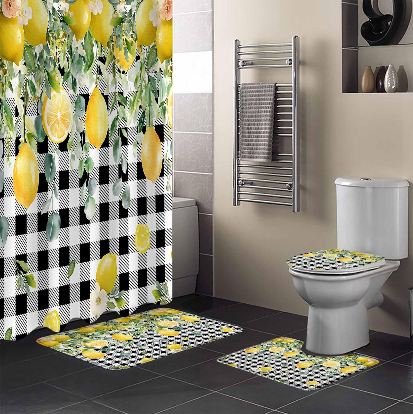 Lemon Check Bathroom Set with Shower Curtain and Rug Accessories - 36x72 Inches Long Black Plaid Eucalyptus Farm Country Flower Stall Curtain Waterproof with Large Bath Mat,Washable Runner Rug Set