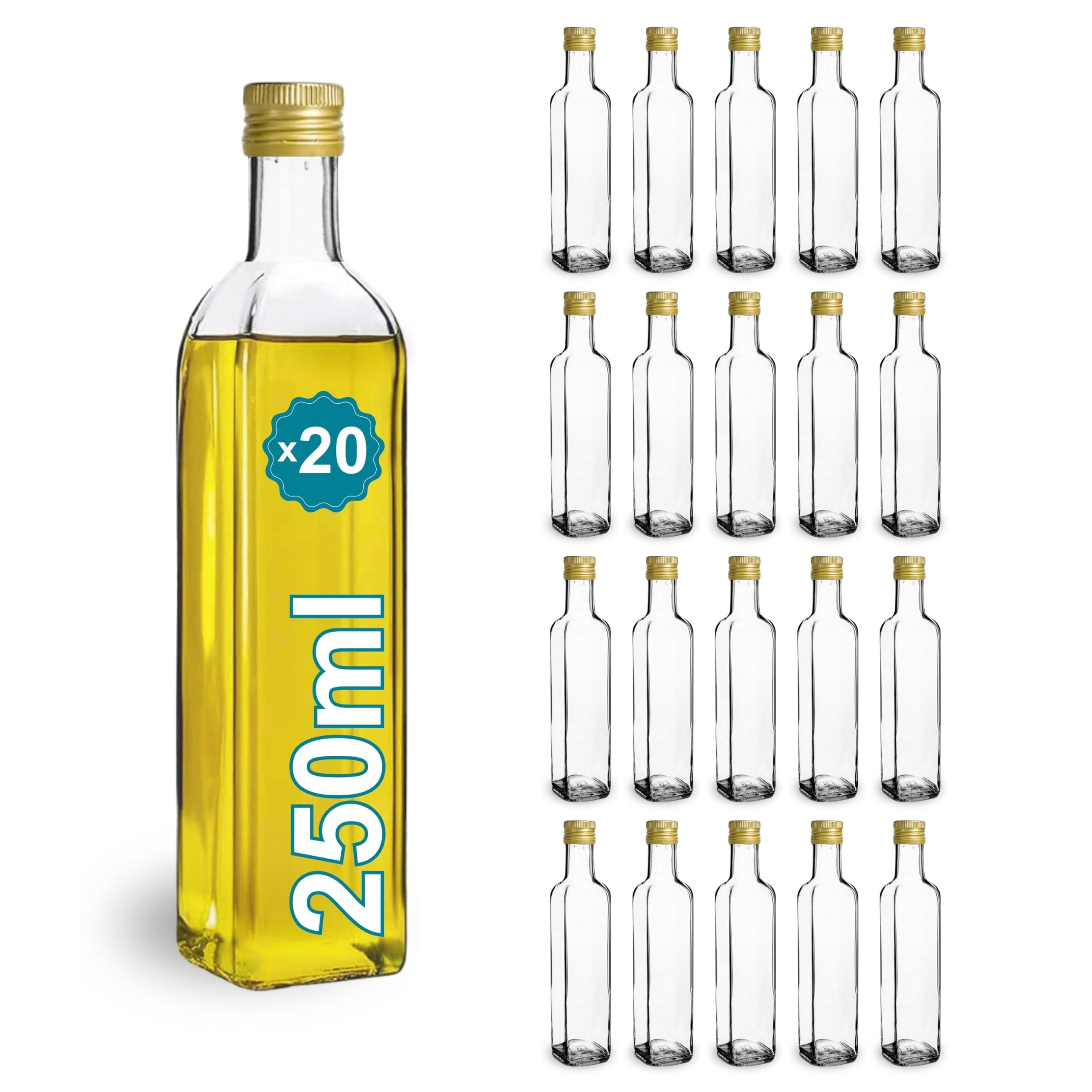 Espirito Rebelde 20x Botellas de Cristal Transparente 250ml com Tapas (Quadrado) Botella Cristal Aceite y Vinagre