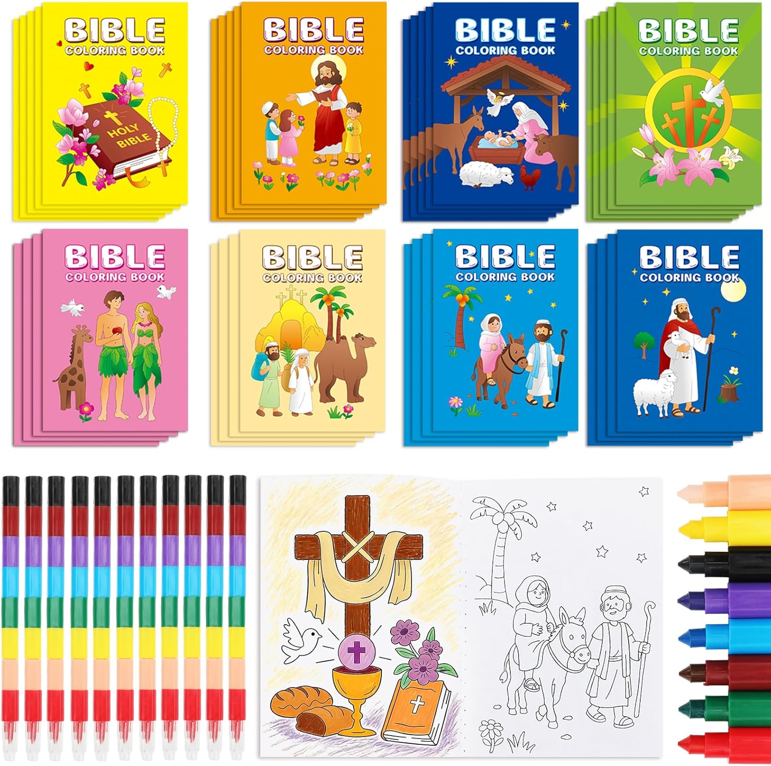 Zealor 36pcs Christian Mini Coloring Book with 36 Crayon Religious Bible Story Activity Booklet Easter Coloring Book DIY Craft Jesus Party Favor for Easter Basket Stuffers Operation Christmas Shoebox