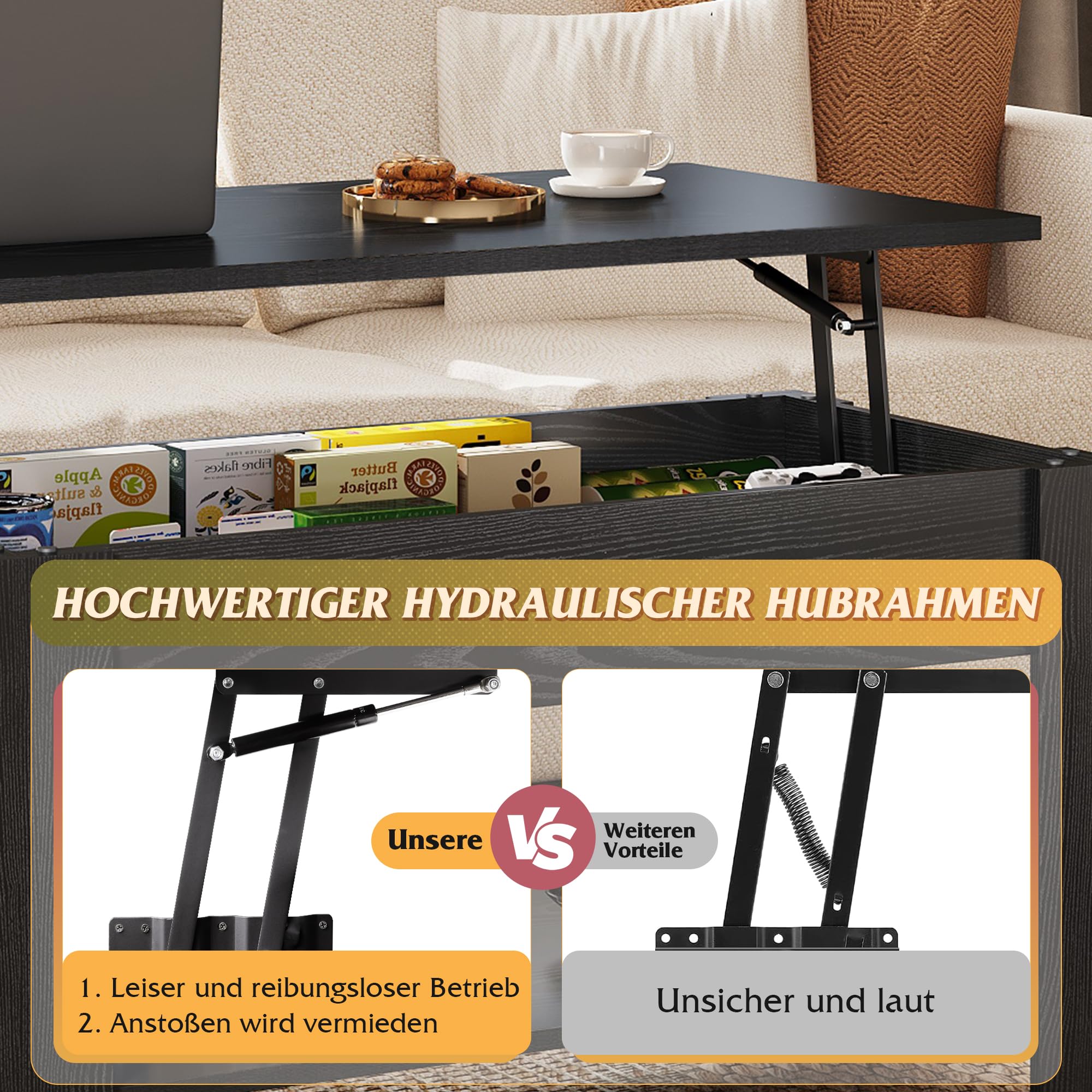 WLIVE Couchtisch mit Stauraum, Wohnzimmertisch Höhenverstellbar mit Verstecktem Staufach und Ablagefläche, Wohnzimmer Tisch für Couch,98 x 48cm Sofatisch, Schwarz