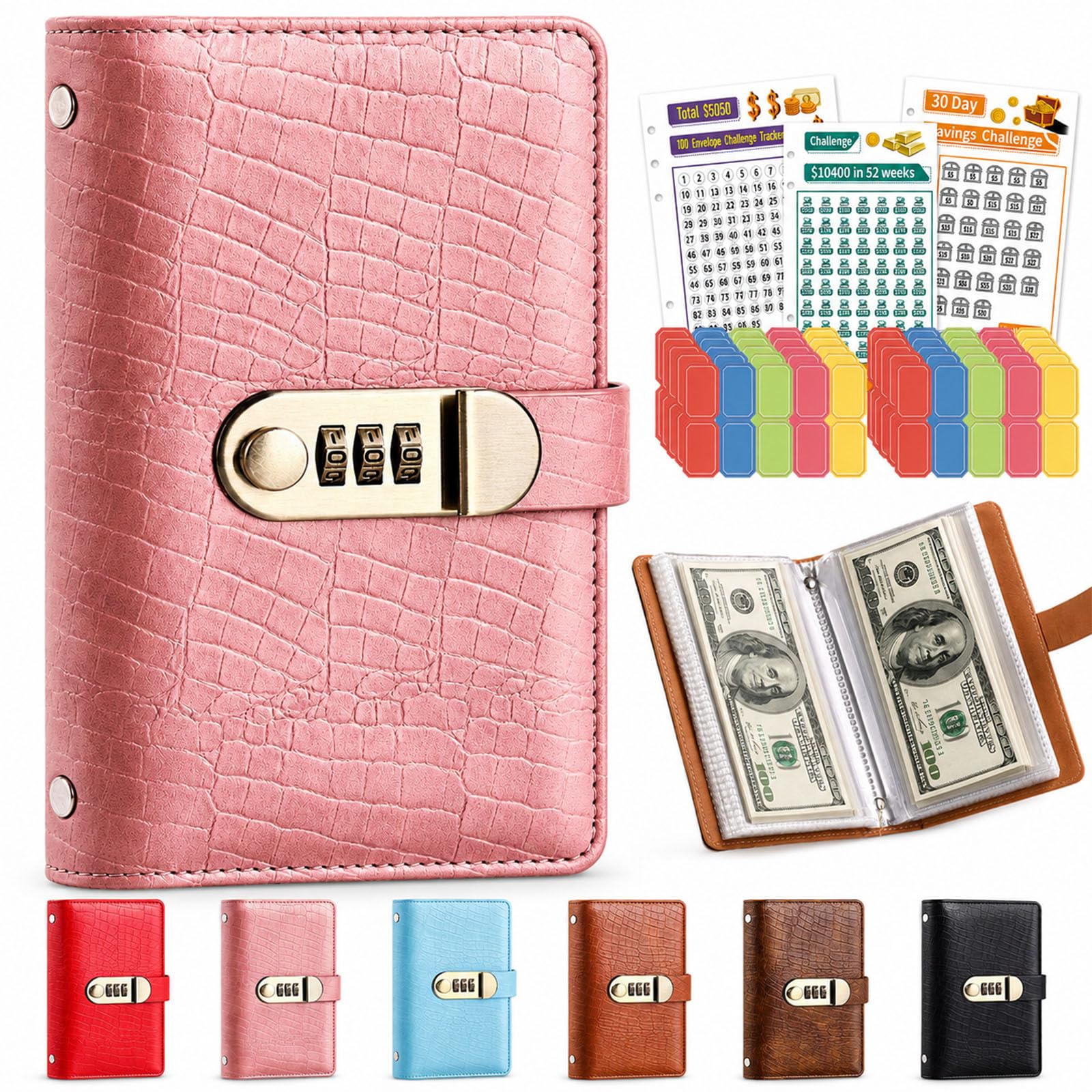 100 Envelope Savings Challenge Book, Money Saving Book Binder with Password Lock, Lockable Savings Notebook for Cash Budgeting, Personal Finance Planner for Adults, Build Saving Habits Reach Goal