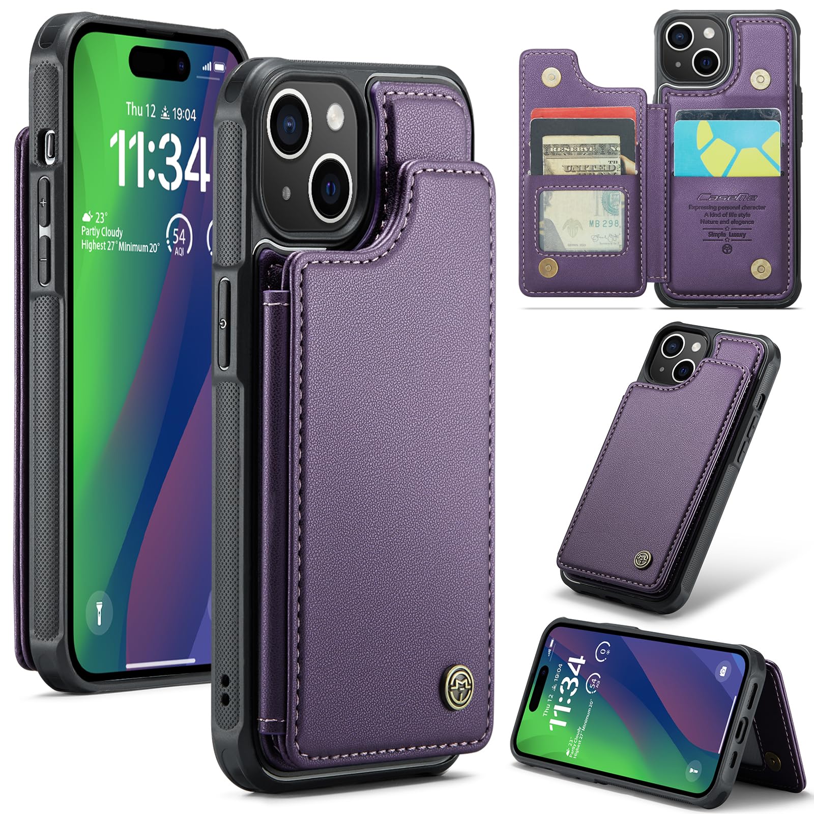 Kowauri for iPhone 15 Case with Card Holder, PU Leather Wallet Case for Women Men with RFID Blocking Card Slot Magnetic Closure Shockproof Protective Phone Cover for iPhone 15 (6.1inch), Purple