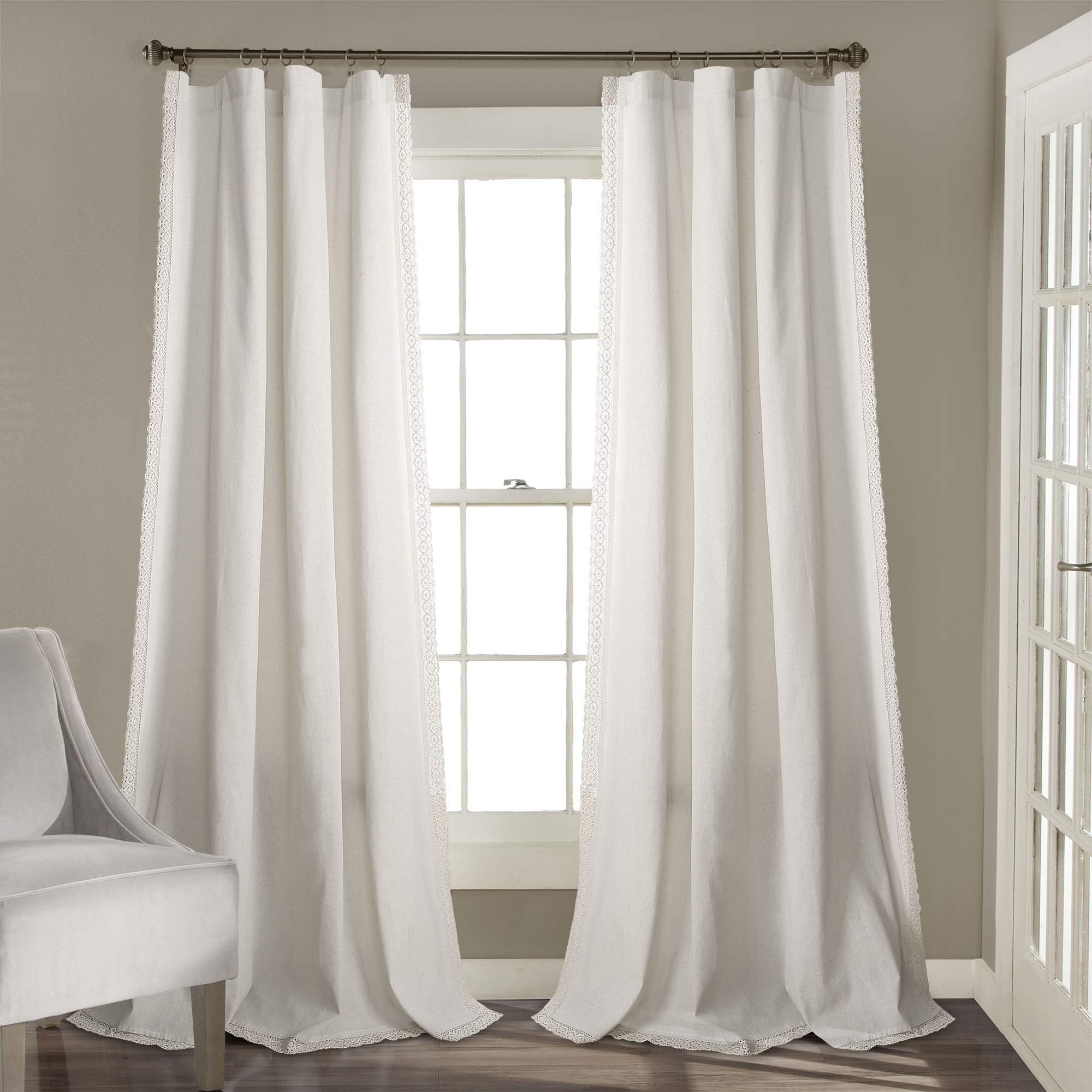 Lush Decor Rosalie Farmhouse Window Curtains Rustic Style Panel Set for Living, Dining Room Bedroom (Pair), 54"W x 84"L, White