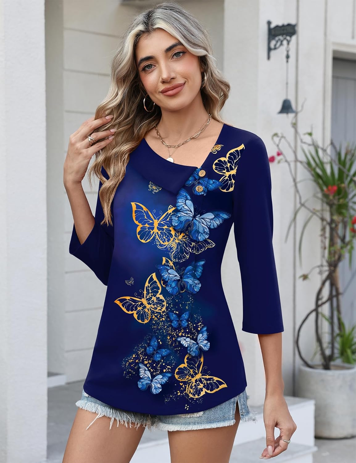 LUYAA Womens 3/4 Length Sleeve Square Neck Button Blouse Dressy Casual Asymmetrical Tunic Tops - Image 3