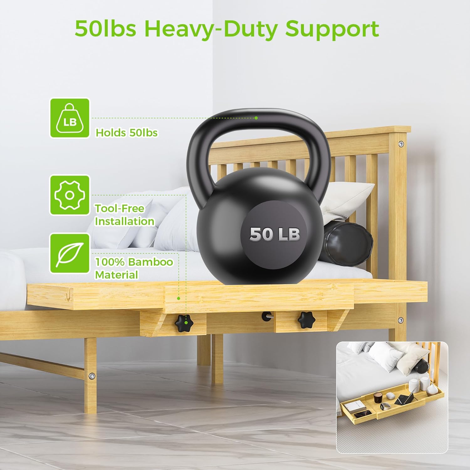 MinBoo Expandable Nightstand Shelf Bamboo College Caddy for Top Bunk Clip Bedside Shelf Floating Bed Side Table Tray Storage Dorm Room Decor College