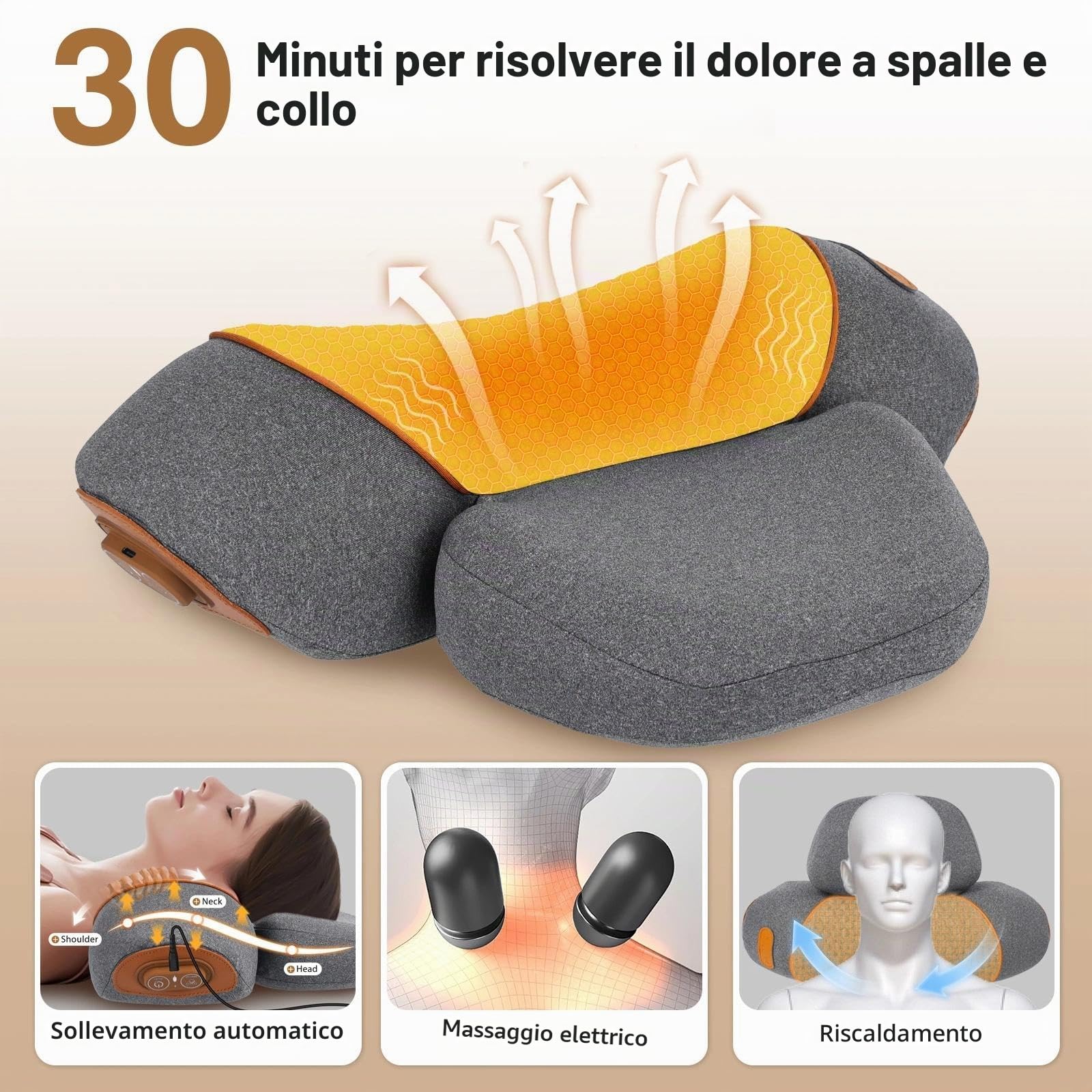 Massaggiatore Cervicale con Riscaldamento, 3-in-1 Massaggiatore Posteriore e Cervicale con Vibrazione e Trazione, Massaggiatore Spalle Per Alleviare Il Dolore Dei Tessuti Profondi, Grigio