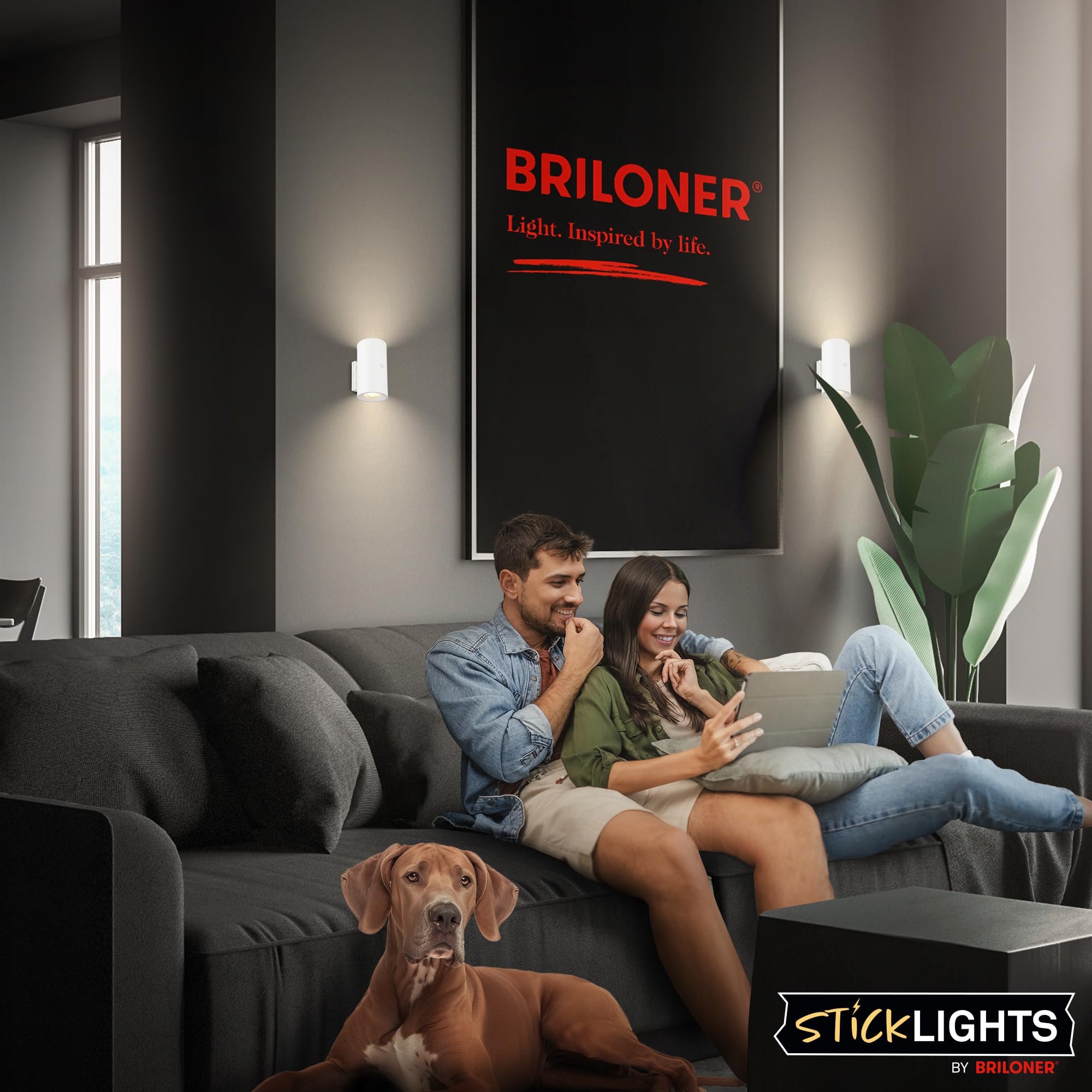 BRILONER Sticklights lampa ścienna bez prądu i wiercenia z baterią, dotykowa, możliwość ściemniania, ciepła biel, bezprzewodowa, do ponownego ładowania, na ścianę, 6,1 x 12 cm, biała
