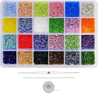 10/0 Glass Hexagon Seed Beads with Beading Needles About 21600pcs in Box , Seed Beads for Jewelry Making, Hexagon 2 X 2.2mm900pcs/Color, 24 Colors