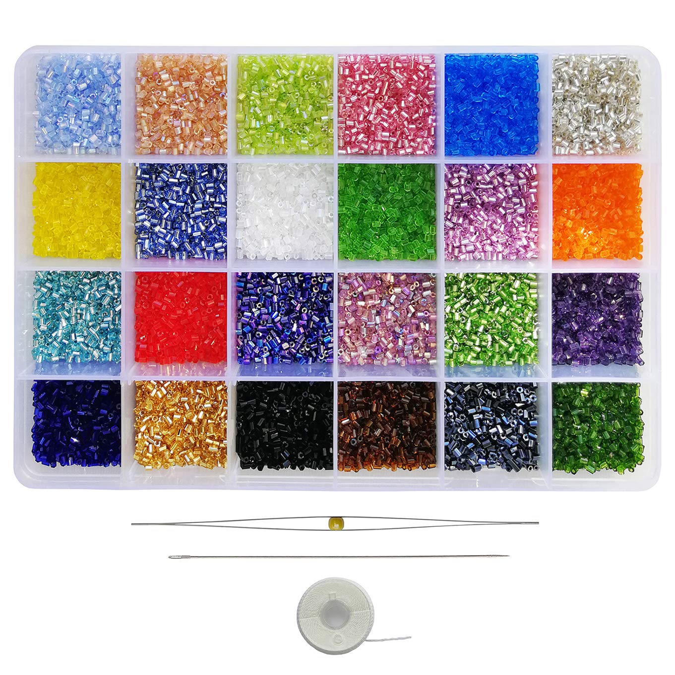 Bala&Fillic Perline Di Vetro Bugle 24 Colori - 21600 Pezzi 11/0, 2x2,2 Mm, Kit Completo Per Creazione Gioielli Con Aghi E Filo